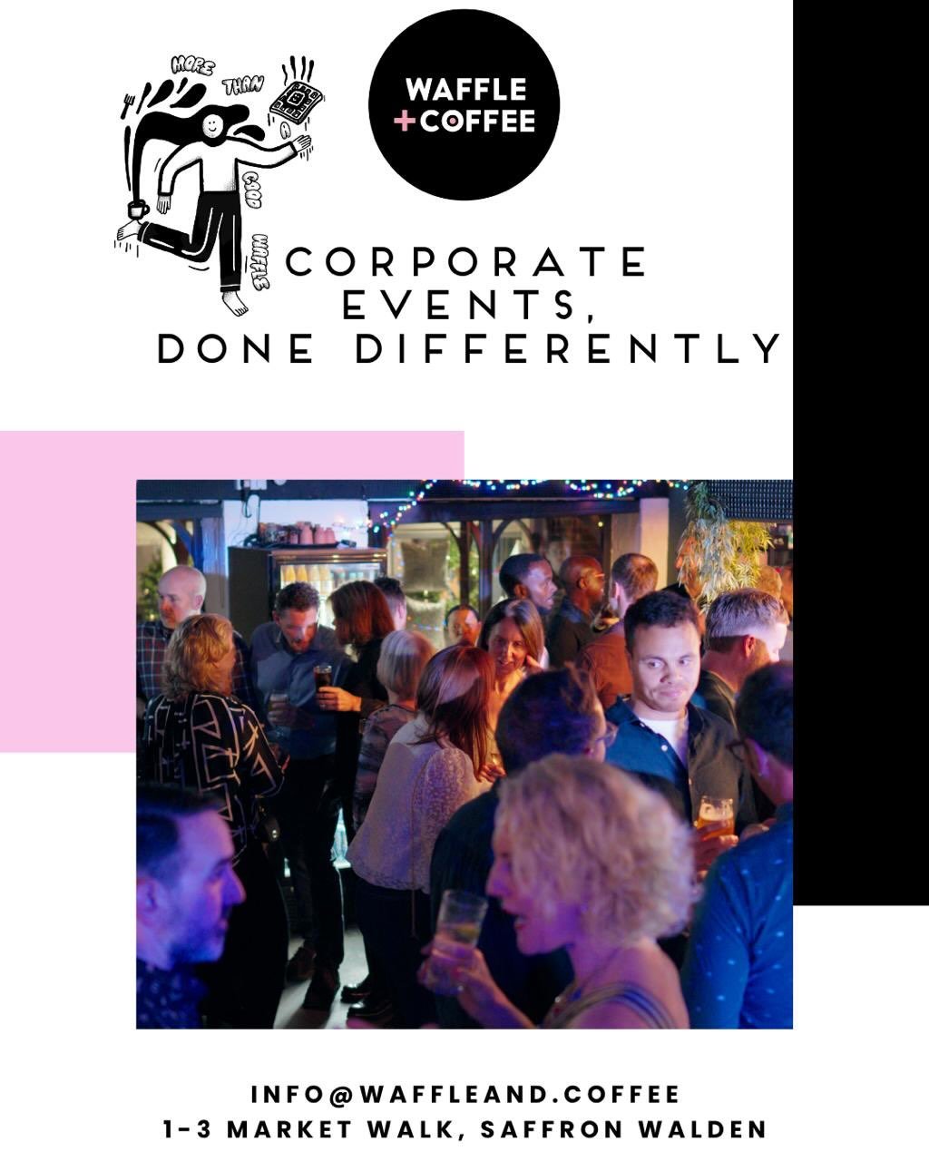 Corporate event? Team celebration? Christmas party? Client evening? We&rsquo;ve got you covered.

At Waffle+Coffee we create bespoke corporate party packages tailored to you. From cocktails and food to entertainment, quizzes, silent discos, wine tast