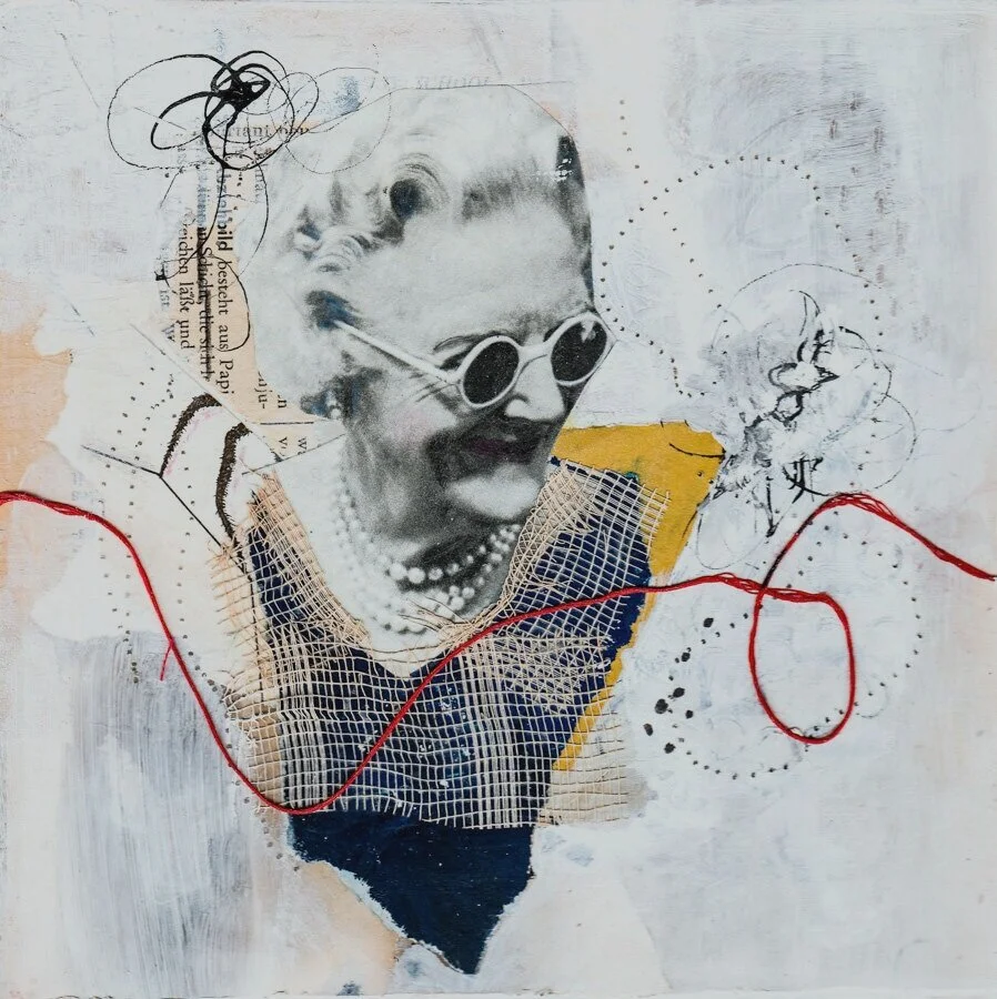 Clementine Churchill 1, 2019.
20cm x 20cm.
Acrylic, Ink, Found Paper, Deconstructed Vintage Book Spine, Thread, on Wood Panel. 