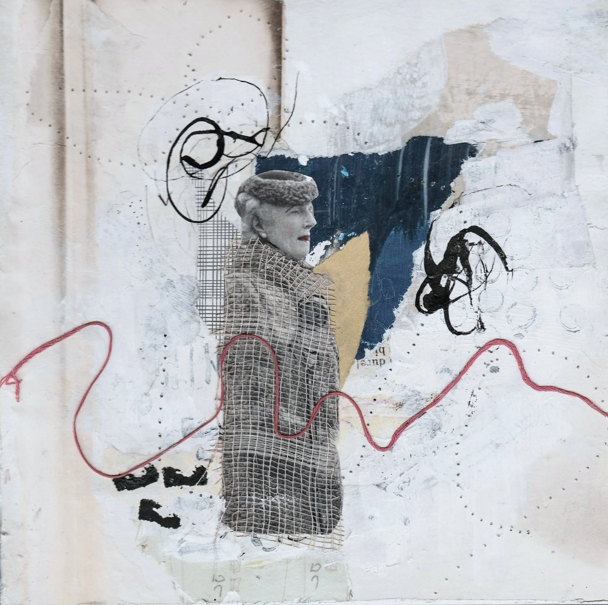 Clementine Churchill 2, 2019.
20cm x 20cm.
Acrylic, Ink, Found Paper, Deconstructed Vintage Book Spine, Thread, on Wood Panel. 