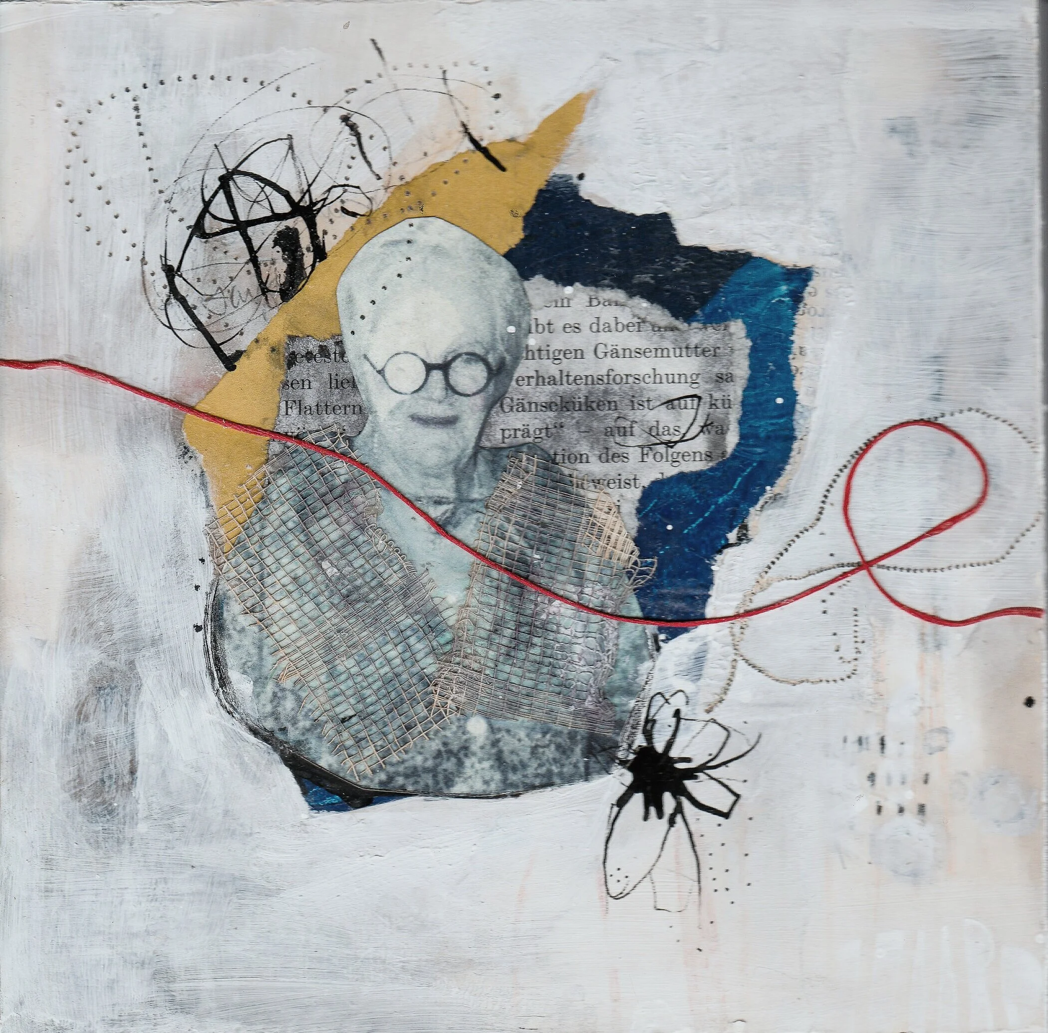 Clementine Churchill 3, 2019.
20cm x 20cm.
Acrylic, Ink, Found Paper, Deconstructed Vintage Book Spine, Thread, on Wood Panel. 