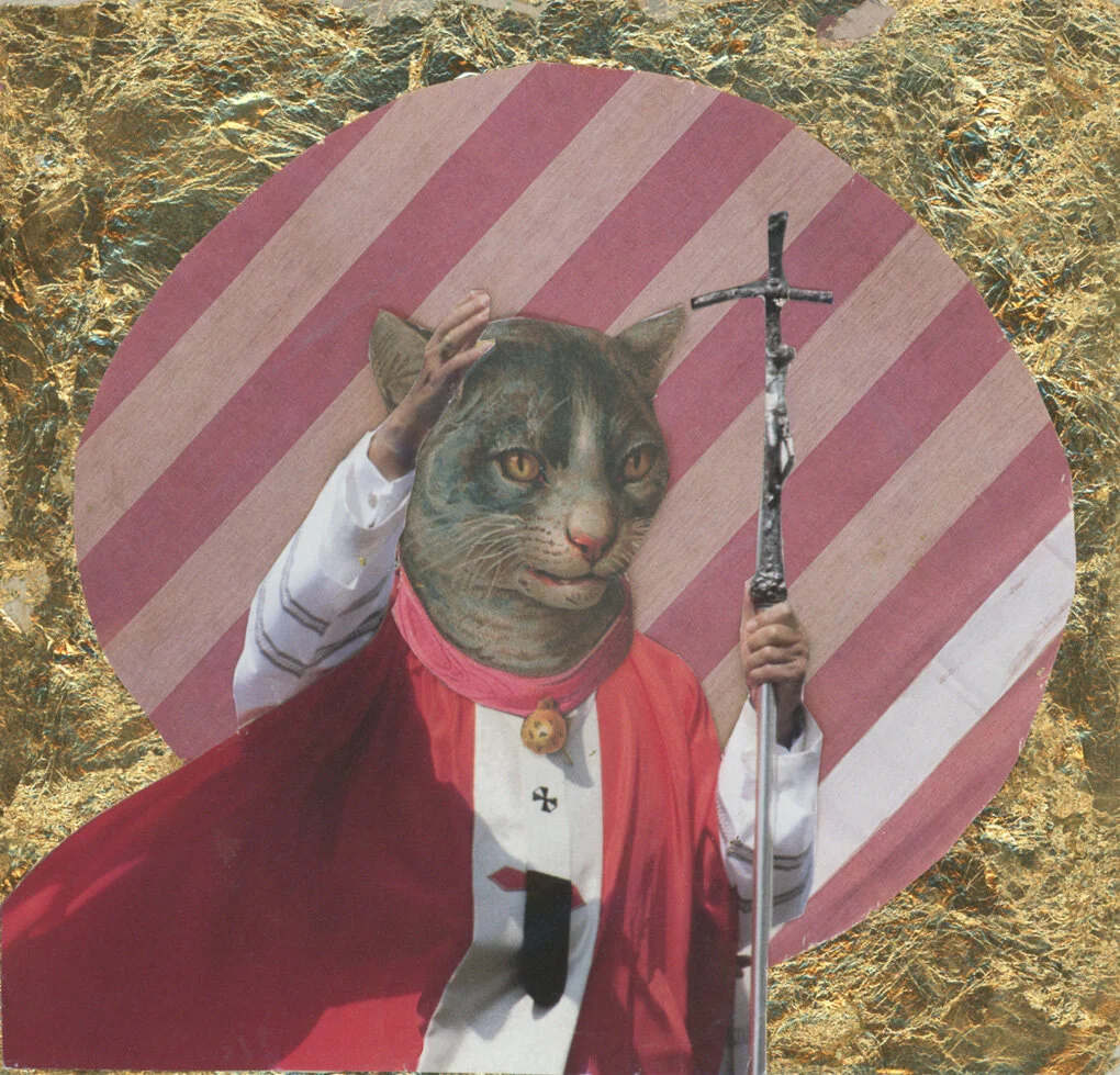 Pussy Pope, 2019.
15cm x 15cm.
Paper and Gold Leaf on Cardboard. 