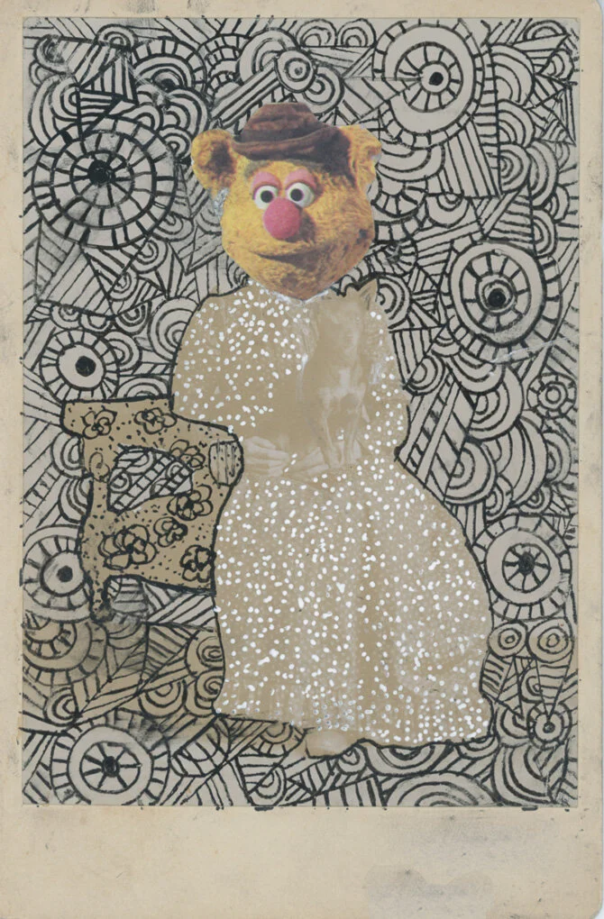 Fozzie Bear, 2018.
10.8cm x 16.5cm.
Vintage Cabinet Card, Ink, Paper. 
