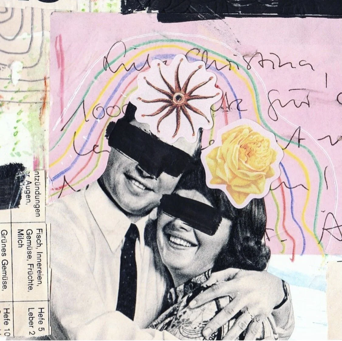 Blinded, 2019.
12.7cm x 17.78cm.
Crayon and Ink on Found Papers on Paper.  