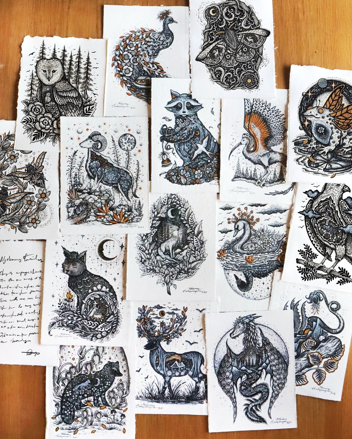 Mysterious Familiars 🕊️ the complete series of all 16 familiar illustrations. Each artwork explores a different enchanted familiar in a mysterious and magical way. 

Artworks created with a mixed media of materials: pens, ink, markers, gouache, acry