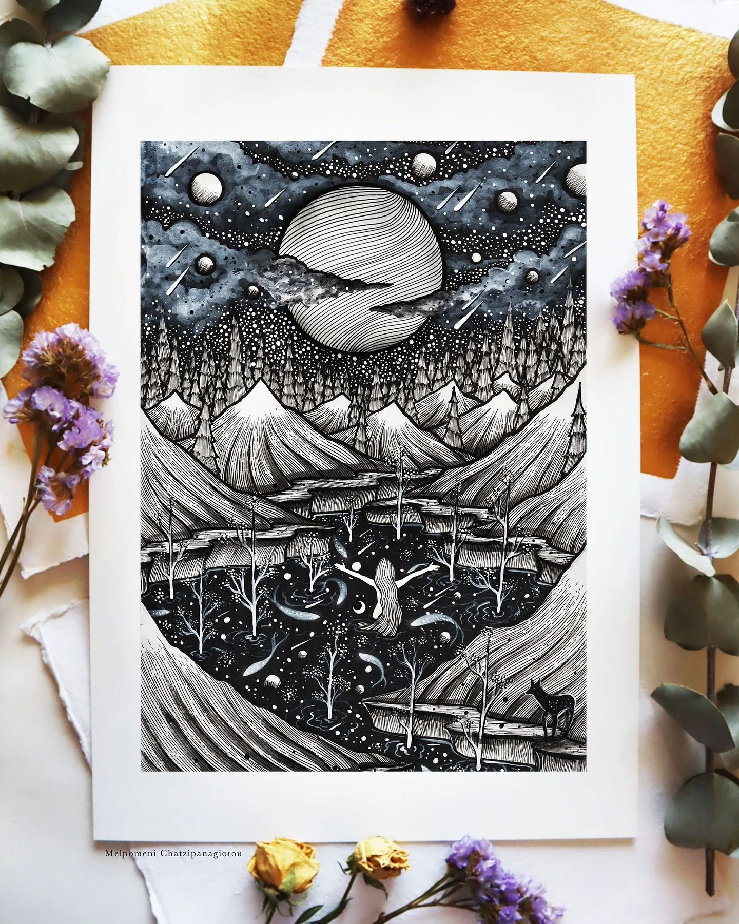 New Moon 🌑 phase tonight, I thought it was appropriate to revisit the &ldquo;Spirit of the Lake&rdquo;. 
Of this spirit lady bathing under the Moon 🌑 (my version of the moon!).

Art prints from my artworks are available in my shop! Until the end of