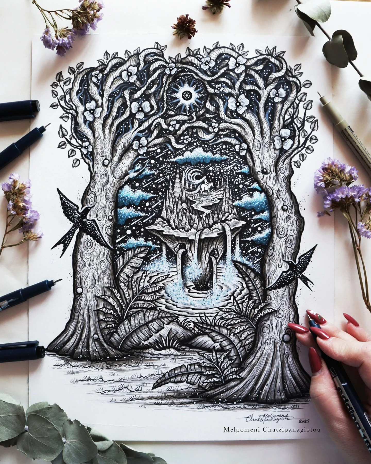 The Floating Isle &bull; A wild island floats, untouched by the world, unseen by many but always there, suspended, lost in time&hellip; welcome to the forest of dreams. 

Hand drawn on a 300 gms hahnemuehle paper, Created with pens, makers, acrylic a
