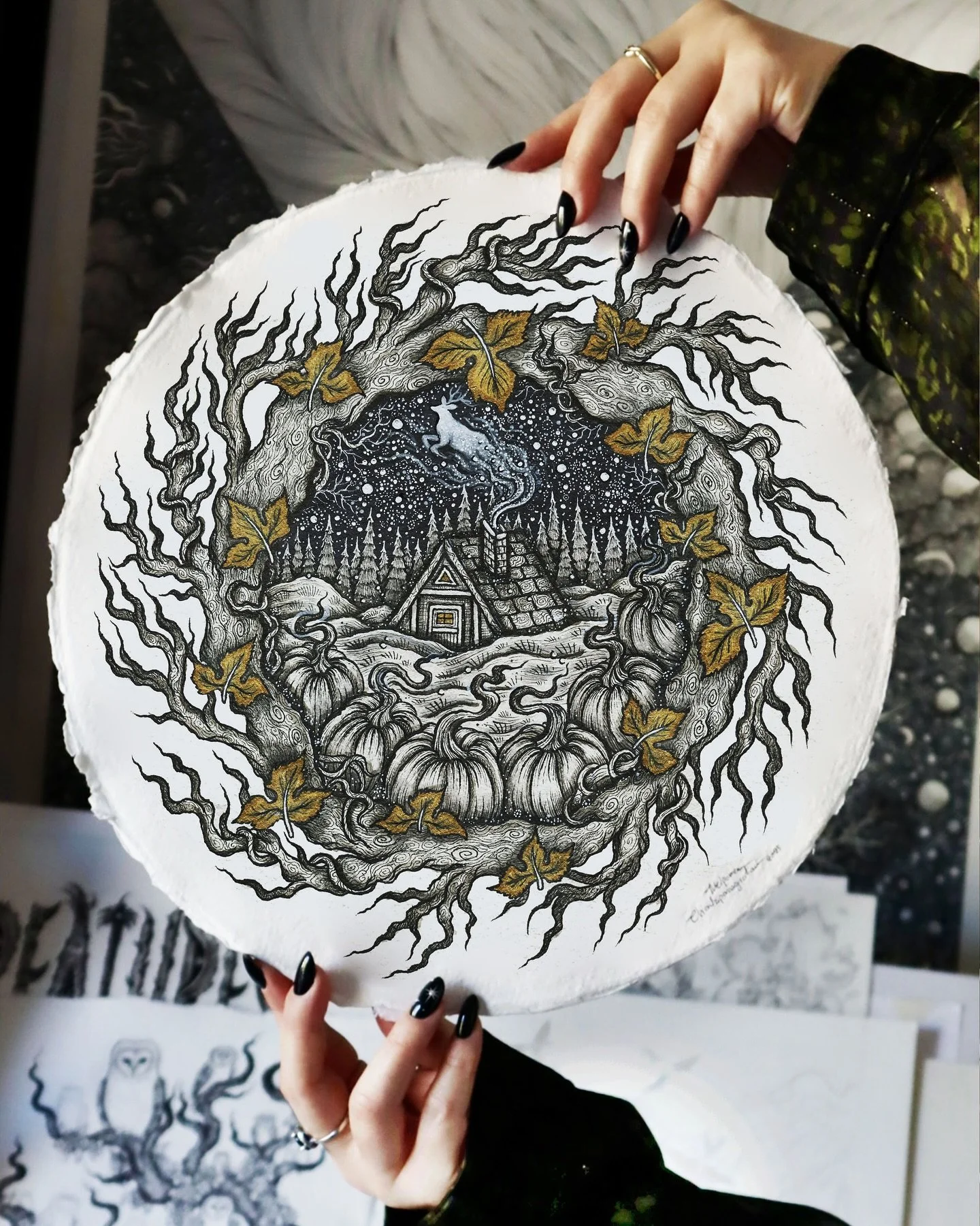 The Quiet Season 🍂 among the branches and the fallen leaves, the pumpkins and the mossy earth, the spirit of our home comes alive when the fire burns in the old wooden cabin. 

Both the oiginal artwork &amp; a limited edition of art prints are avail