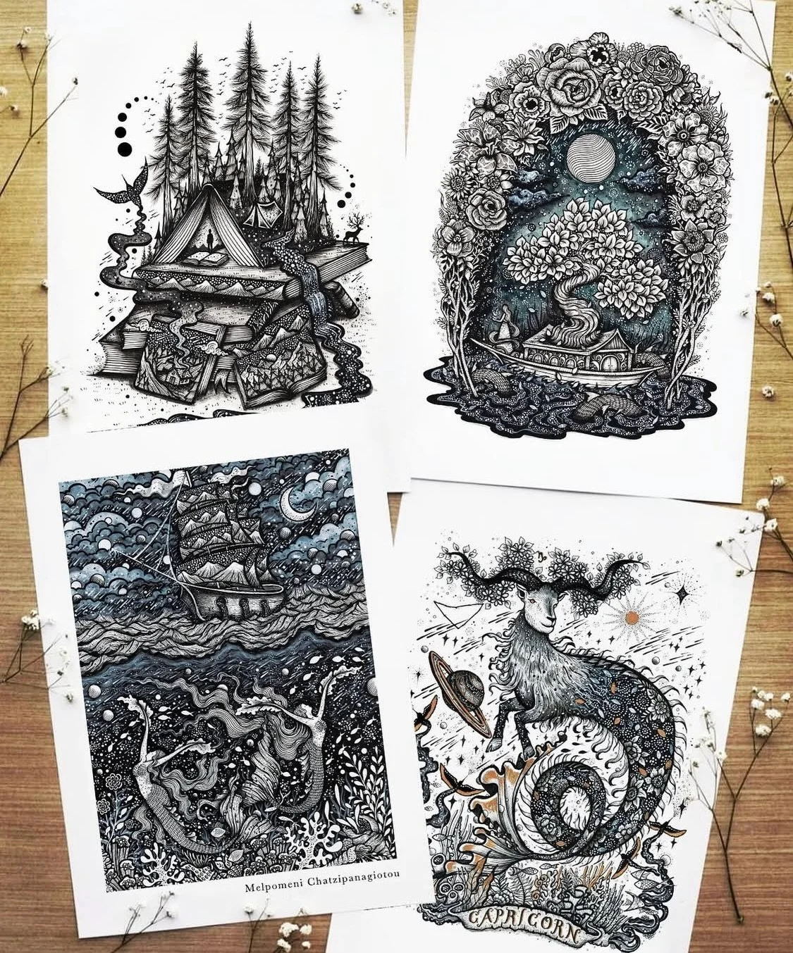 Some of the art prints and wood pieces that are available in the shop ✨ now all on sale! ✨
menisart.etsy.com or link in bio for more info. 

The 2026 Colouring Calendar &ldquo;Whispering Seasons&rdquo; is also up in the shop, I will make a proper pos