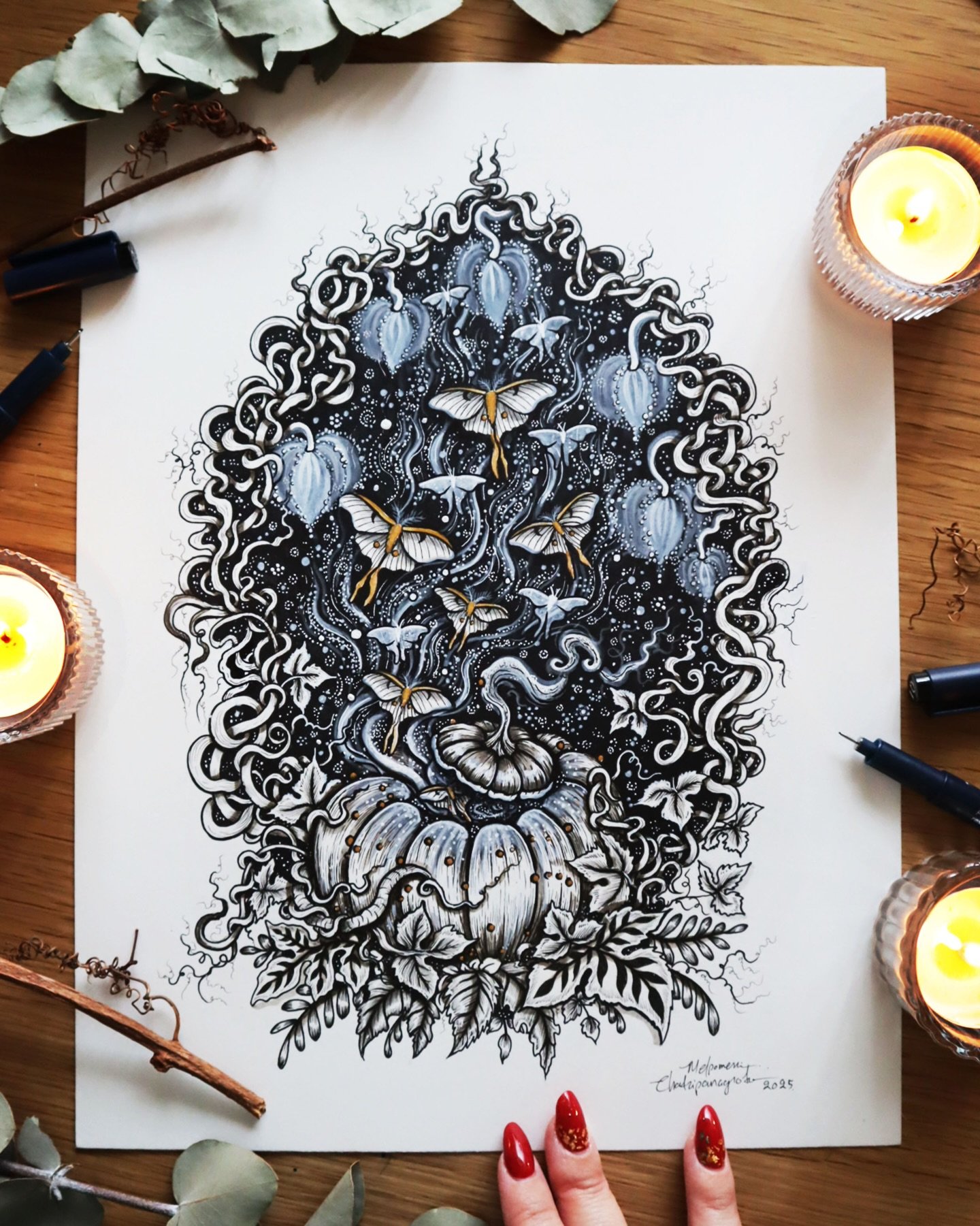 &ldquo;Birth of the Winter Moths&rdquo;  in the misty night, among the bell flowers and the stardust the mystical winter pumpkin gave birth to this seasons moths ✨

Hand drawn with a mixed media of materials. 
Pens, markers, gouache, acrylic and gold