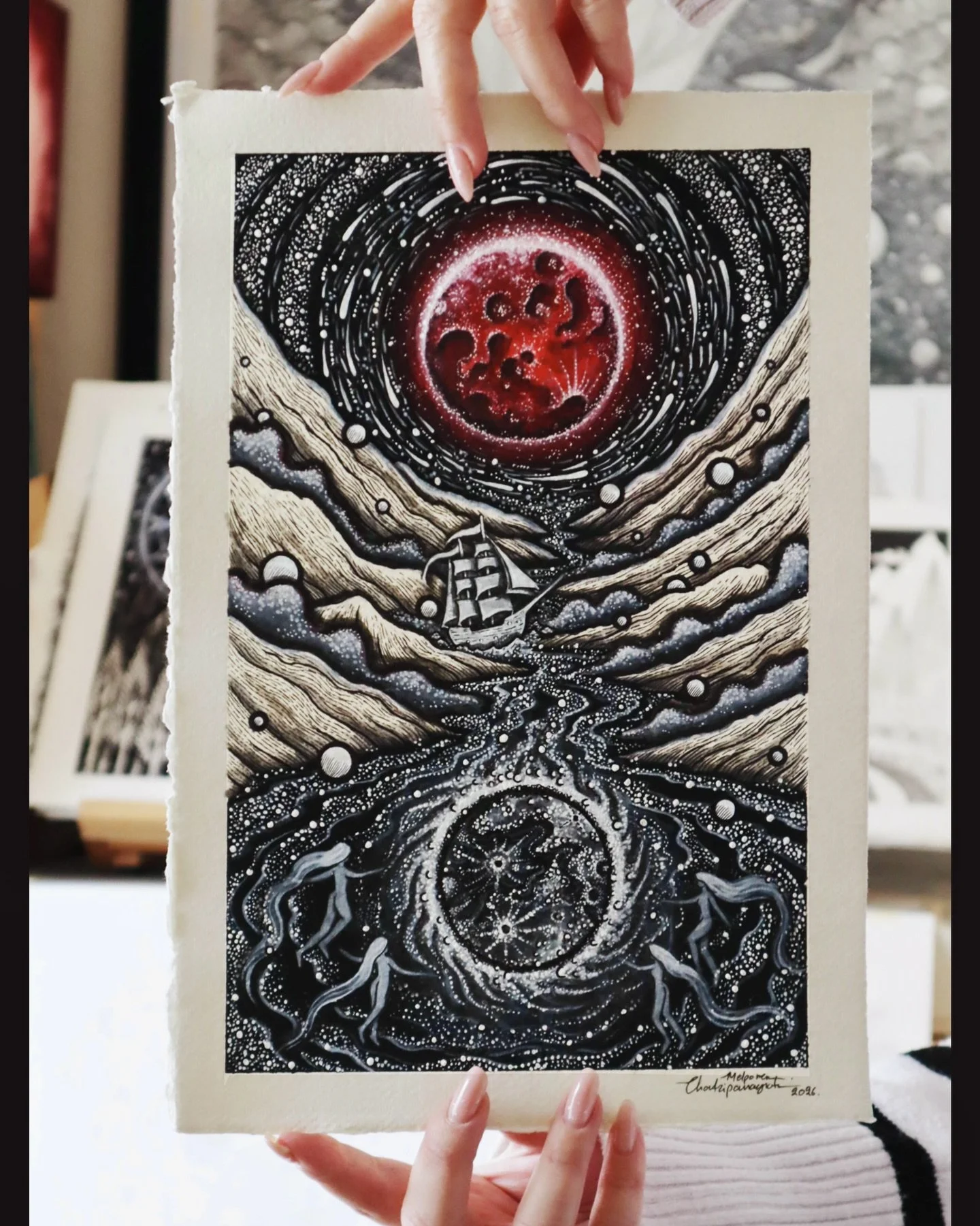The Blood and the Pale Moon &bull; Inspired by the Blood Moon, that occurred during a lunar eclipse, this past September 7, 2025. 

#bloodmoon #lunareclipse #gouacheart #penandinkdrawing #spaceart nature, Melpomeni Chatzipanagiotou, drawing, illustra