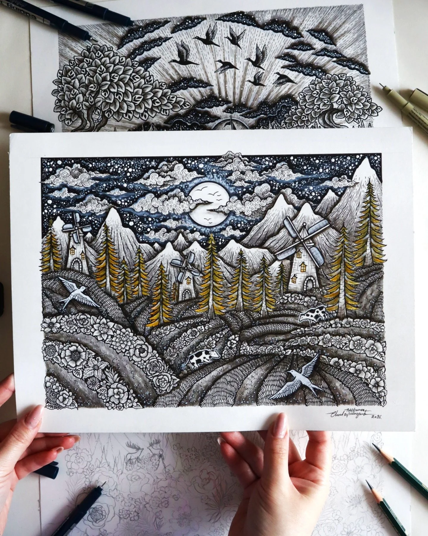 &ldquo;By the Windmills&rdquo; The wind moves, the mills answer and the night listens their quiet song. 

2/3 Countryside series, this is part two of three. 

Art prints from this work are available in my shop menisart.etsy.com 

#countryside #finear