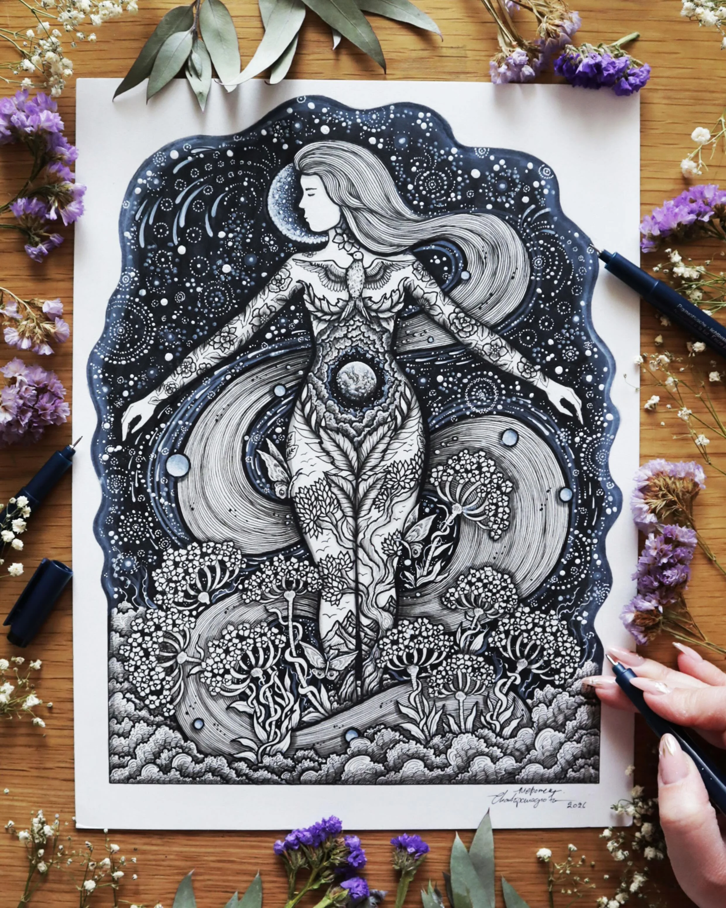 Gaia Ascending &bull; All life rises through me, and all things return to my embrace. 

Gaia, in Greek mythology, was the primordial goddess who personified the Earth. She was regarded as the mother of many gods and living beings and symbolized natur