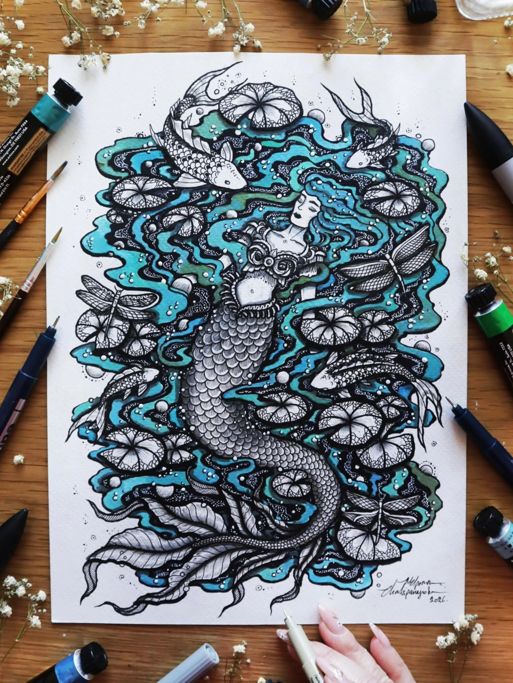 Mermaids Lullaby &bull; Beneath the moonlit tide, I drift in silver sleep.. 

Drawn with pens and ink, colored with gouache (added a lot of water) on Canson watercolor paper. 

Art Prints from this work are now available in my shop menisart.etsy.com 