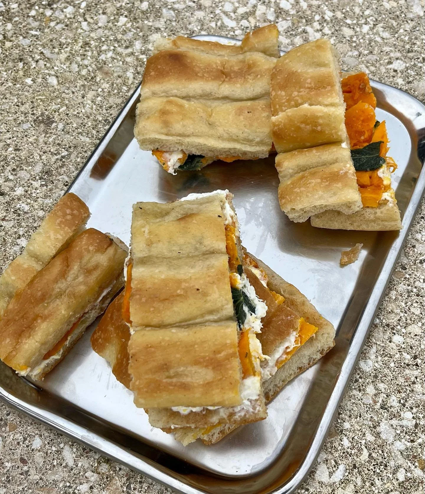 Lunch for the Loire roadtrip 🍷 focaccia with stracciatella, roasted pumpkin and fried sage