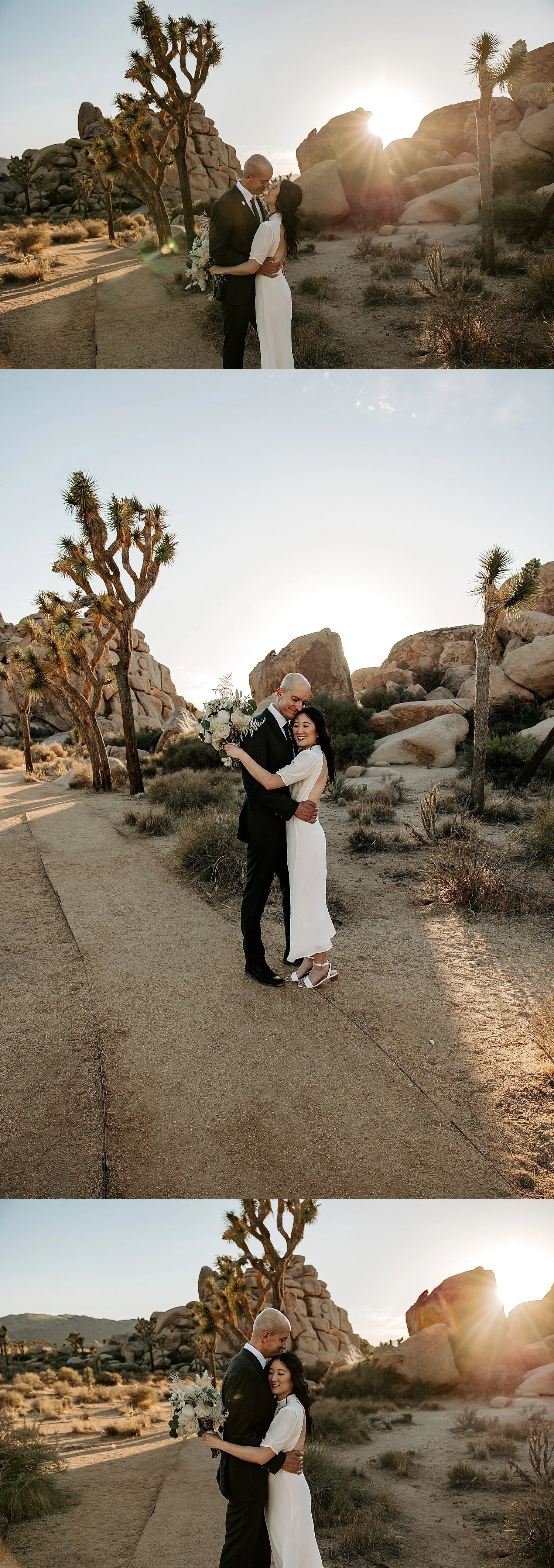Bride and groom holding one another as sunlight streams in between large rocks at Cap Rock in Joshua Tree National Park