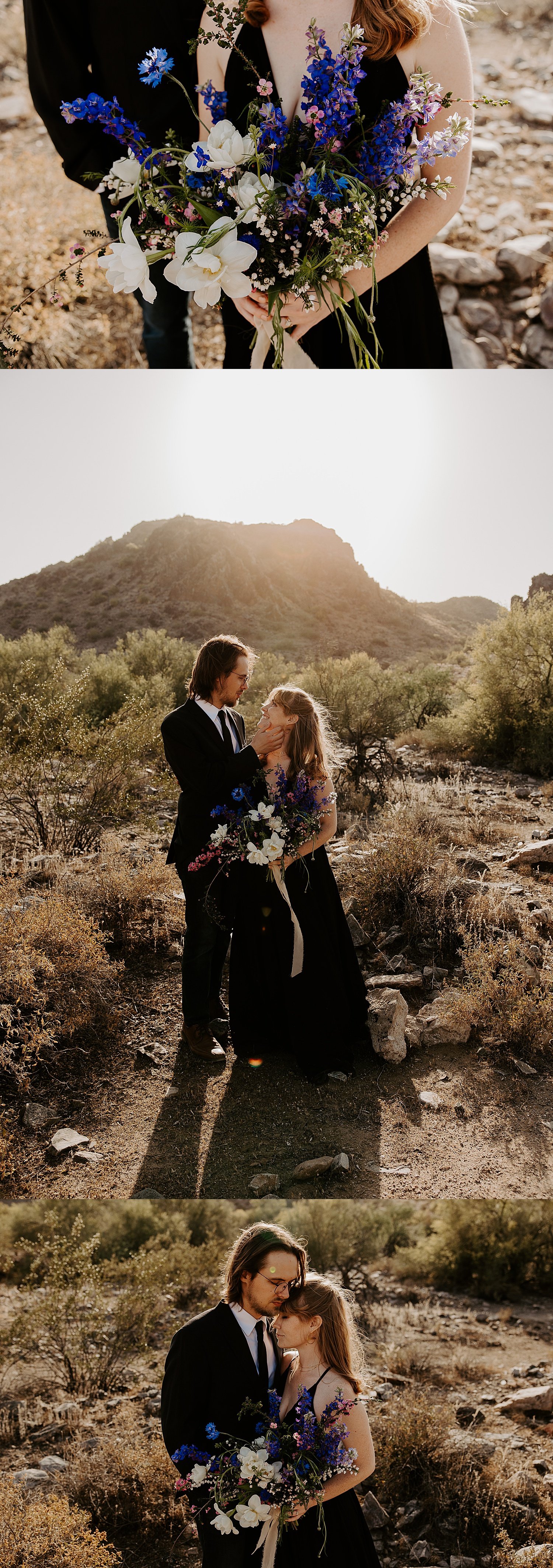 Bride and groom in all black in the desert at saguaro national park. Bride is holding a blue, purple, pink, and white bouquet.