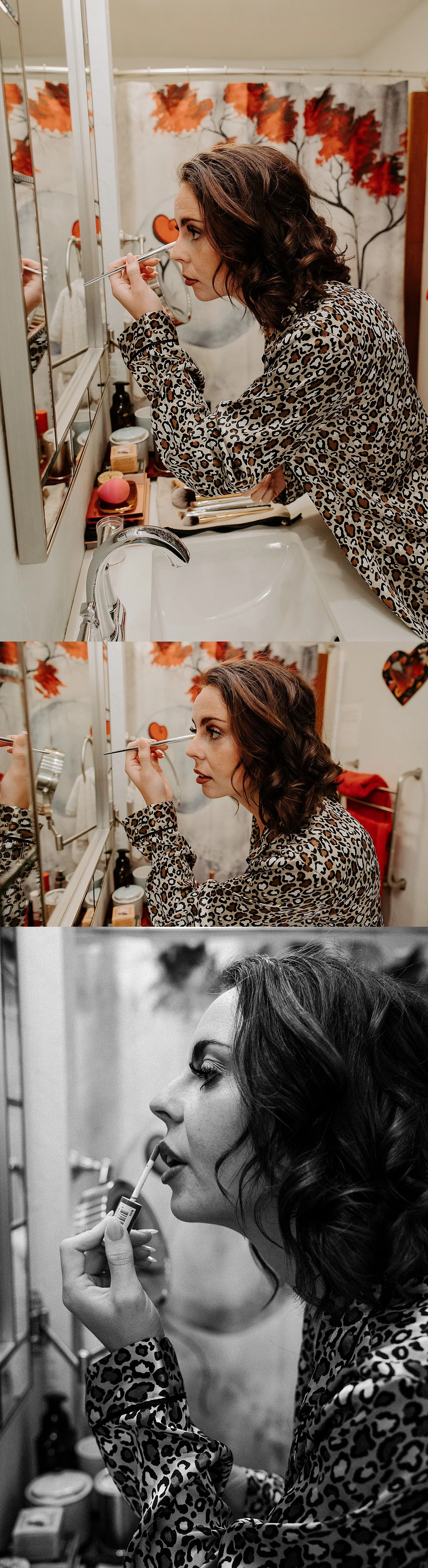 Colleen, the bride is putting on her makeup in the bathroom in her cheetah print pajamas.