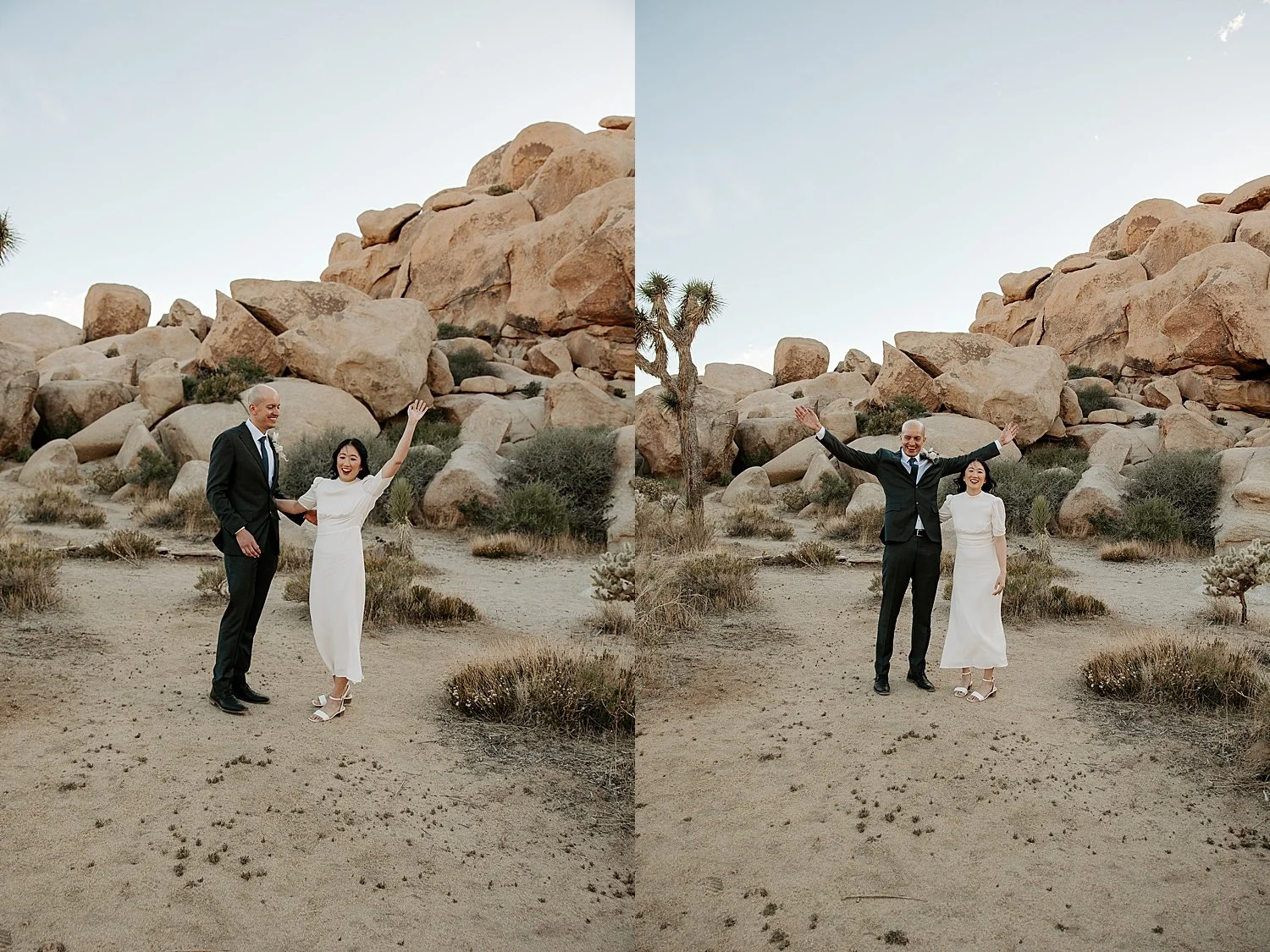 Bride and groom turn around towards their family after sharing their first kiss as husband and wife and raise their arms in celebration