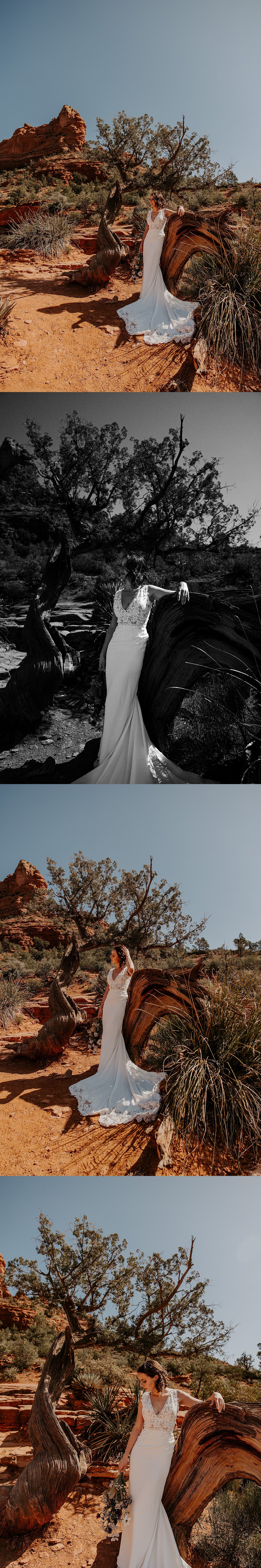 Colleen is posing for her Sedona bridal portraits in her lace mermaid style wedding dress.