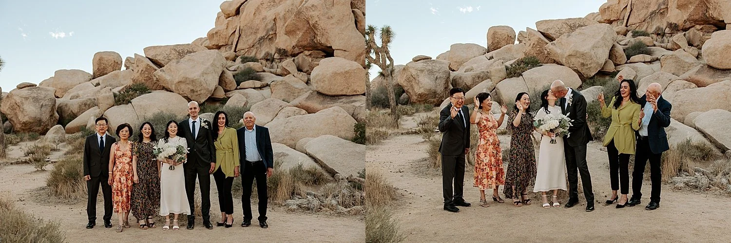 Family portraits with the bride and groom in Joshua Tree National Park at Cap Rock