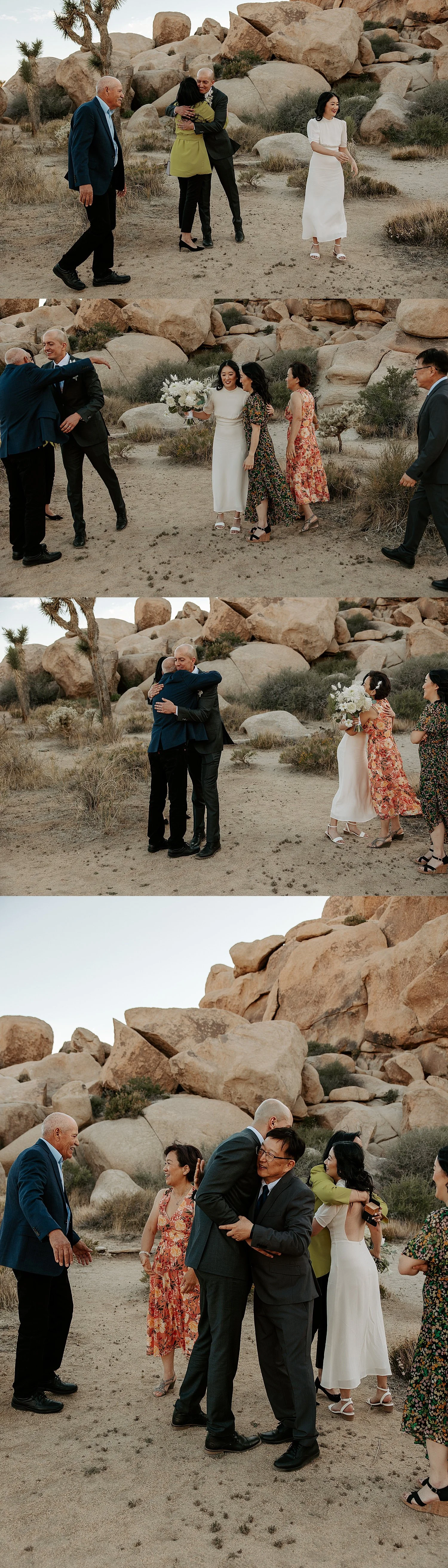 Bride and groom's family walks up to hug and congratulate both of them after their ceremony