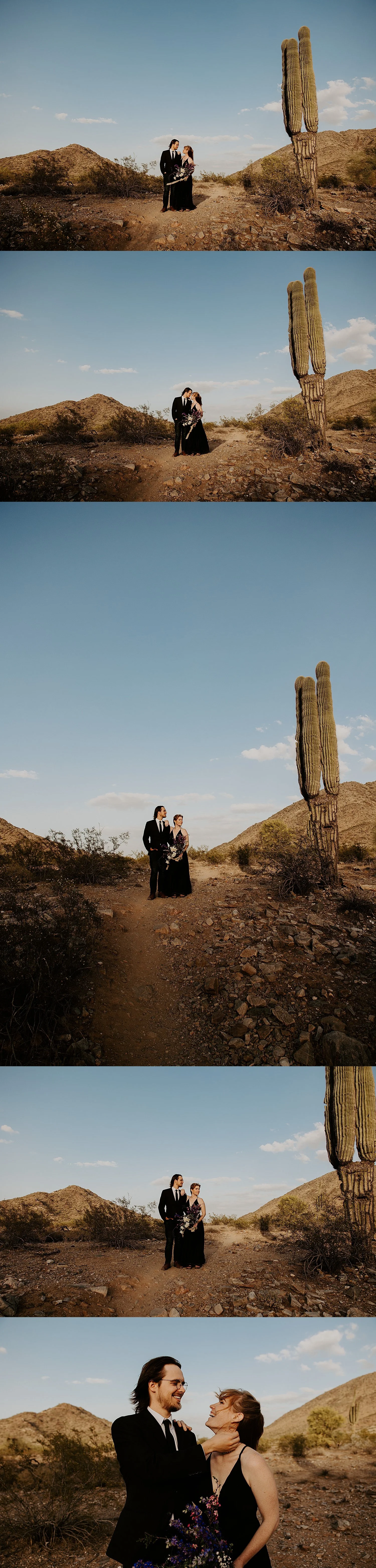 Harsh light portraits in the desert with the bride and groom in all black wedding attire with a blue, purple, pink, and white bouquet.