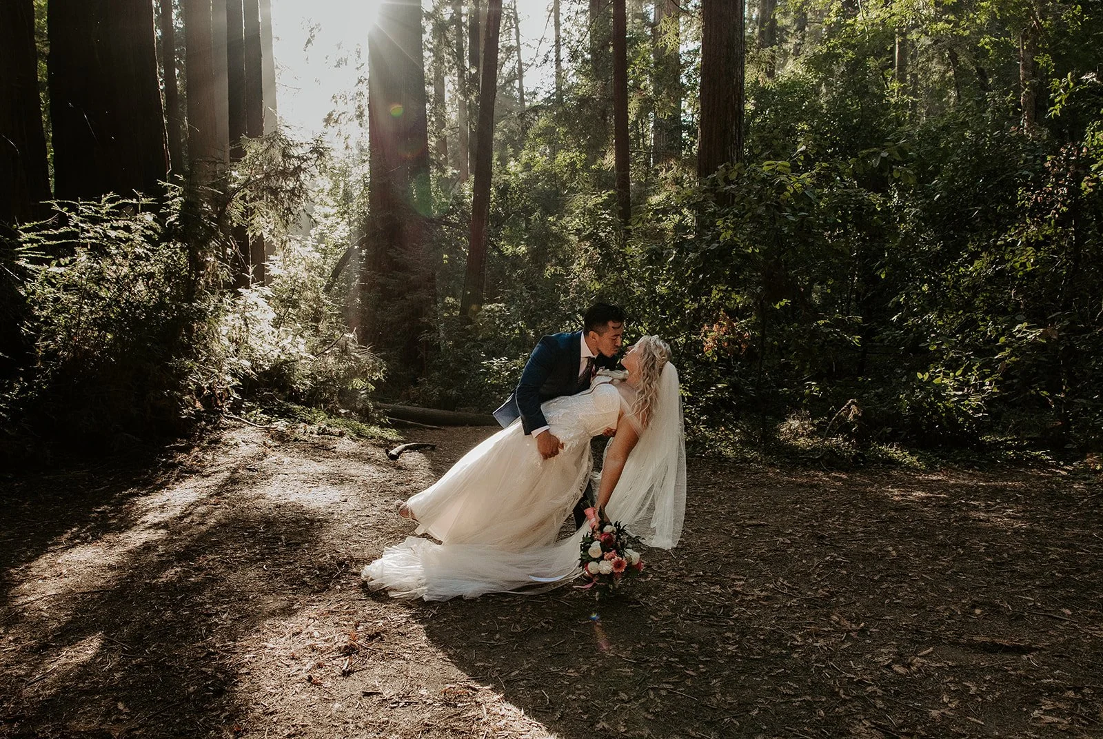 Groom dipping bride in filtered sunlight in the Redwood Grove at Henry Cowell Redwoods State Park