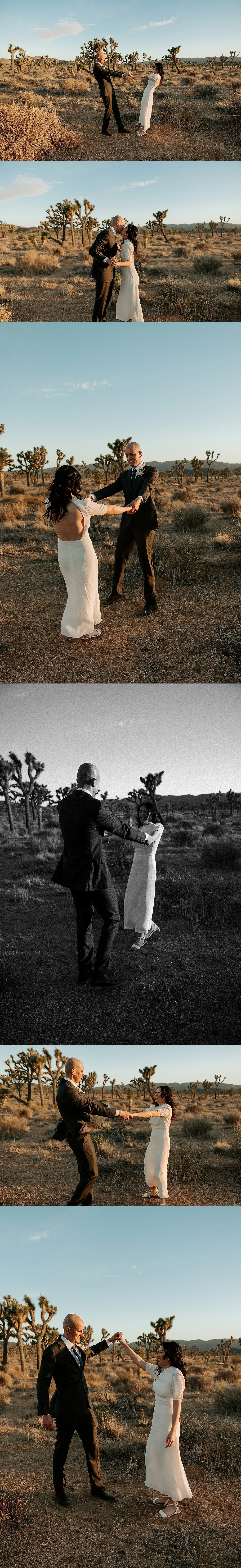 Bride and groom spinning around in an open field surrounded by Joshua Trees