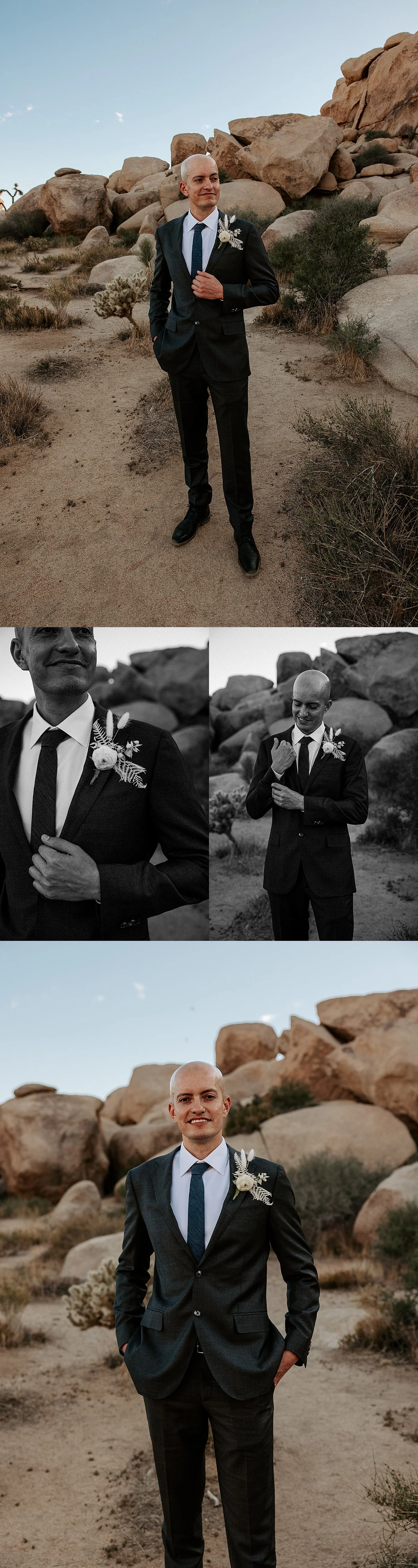 Groom in a dark grey tuxedo with a blue tie and a white floral boutonniere in Joshua Tree National Park at Cap Rock