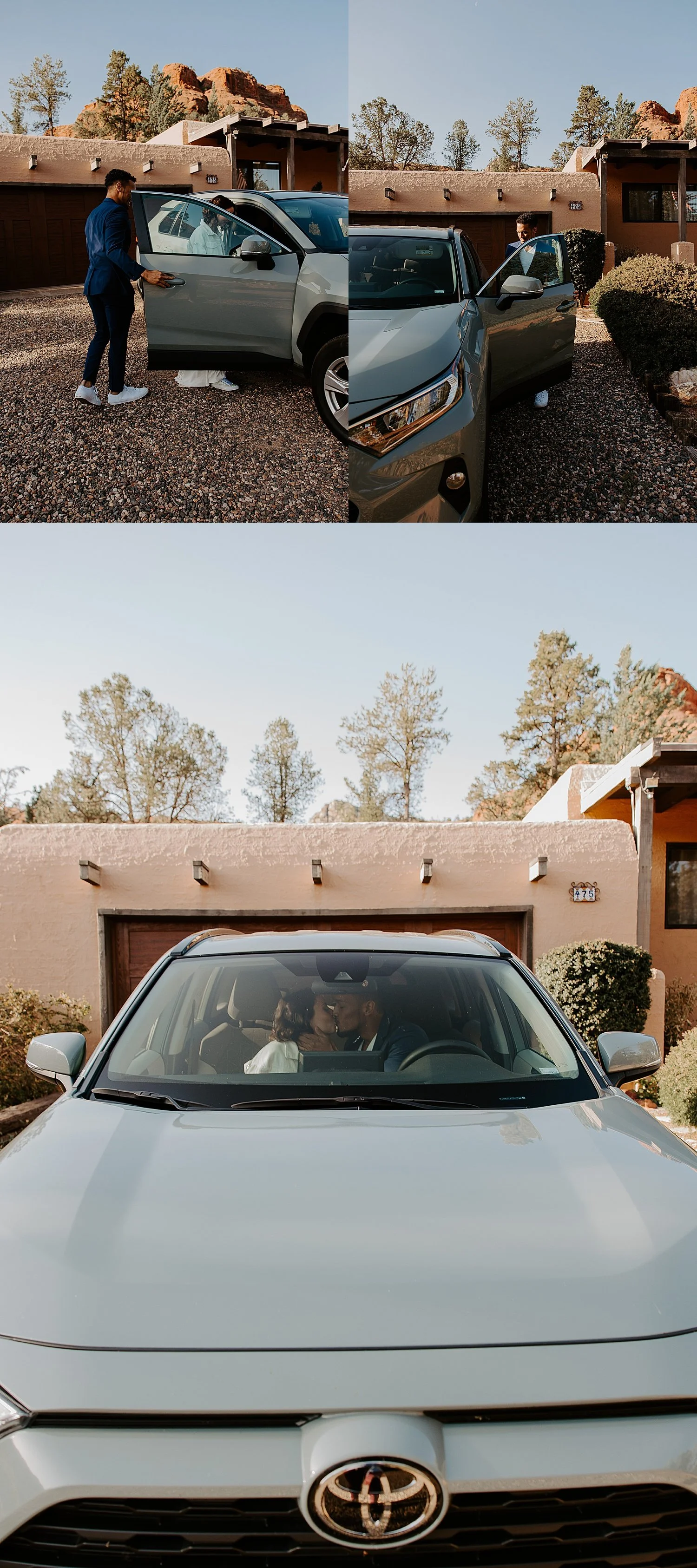 Colleen and Damon get in their rental car parked in front of their airbnb to head out to Red Rock Jeep Tours.