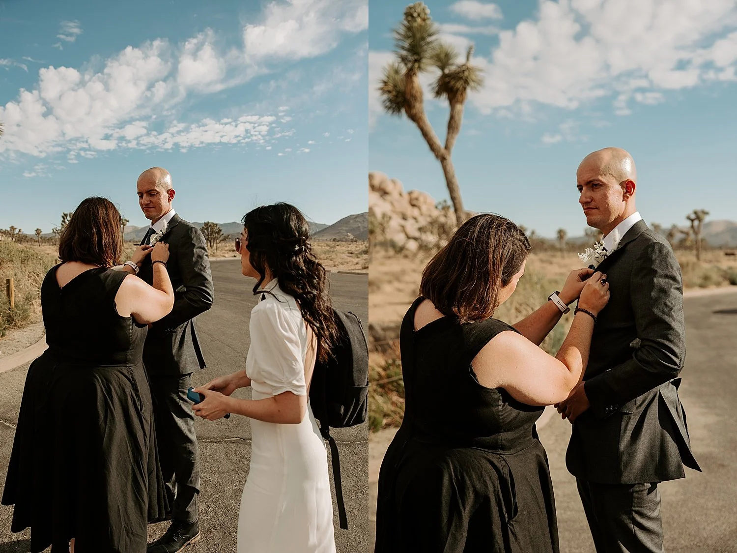 Officiant is pinning the groom's boutonnière to the lapel on his suit jacket