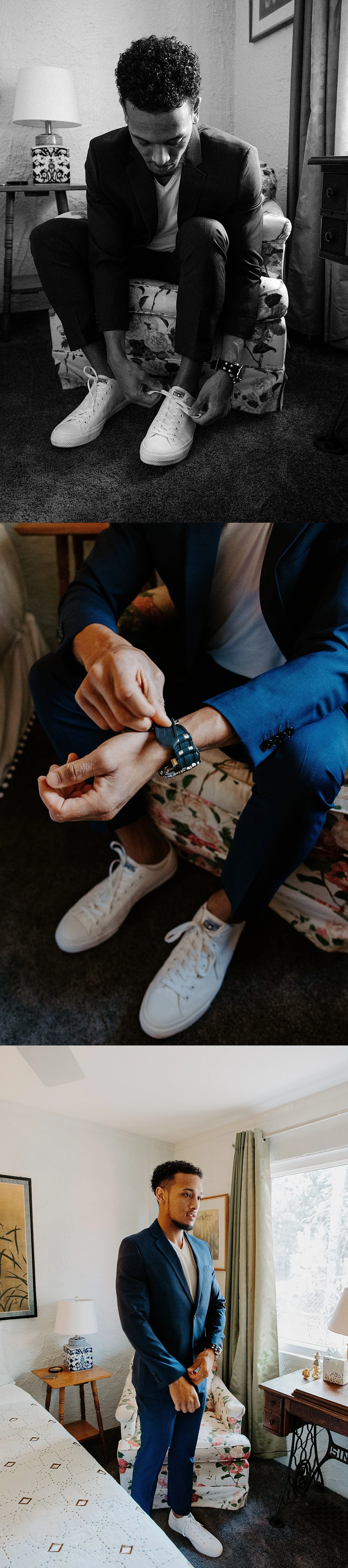 Damon, groom, is doing his final touches for getting ready: tying his shoes, putting on his watch, and buttoning the sleeves of his tux jacket.