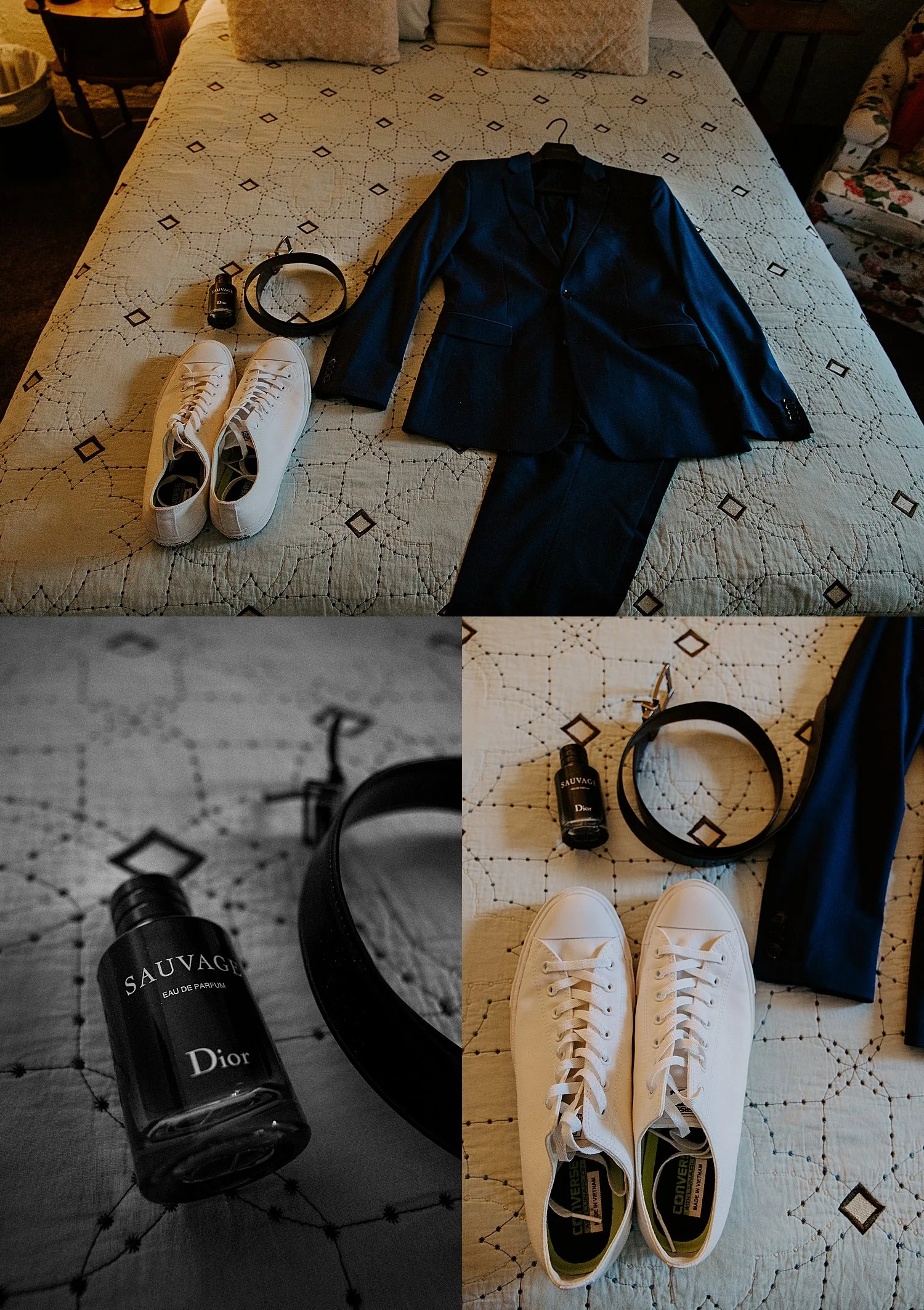 Groom details laid on a bed including a navy suit, white converse, a black belt and Sauvage Dior cologne