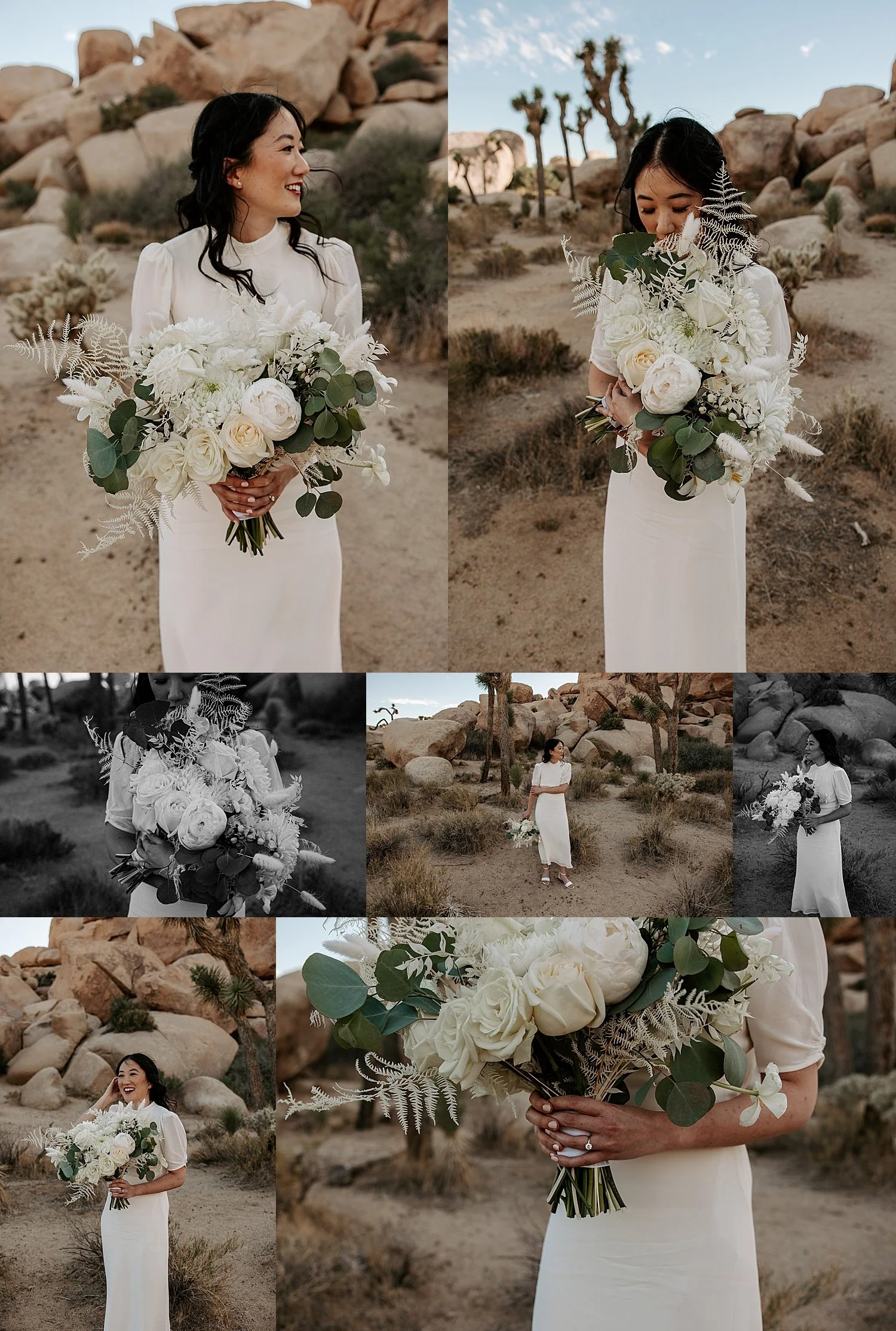 Bride in a tea length wedding dress with a white floral bouquet in Joshua Tree National Park at Cap Rock