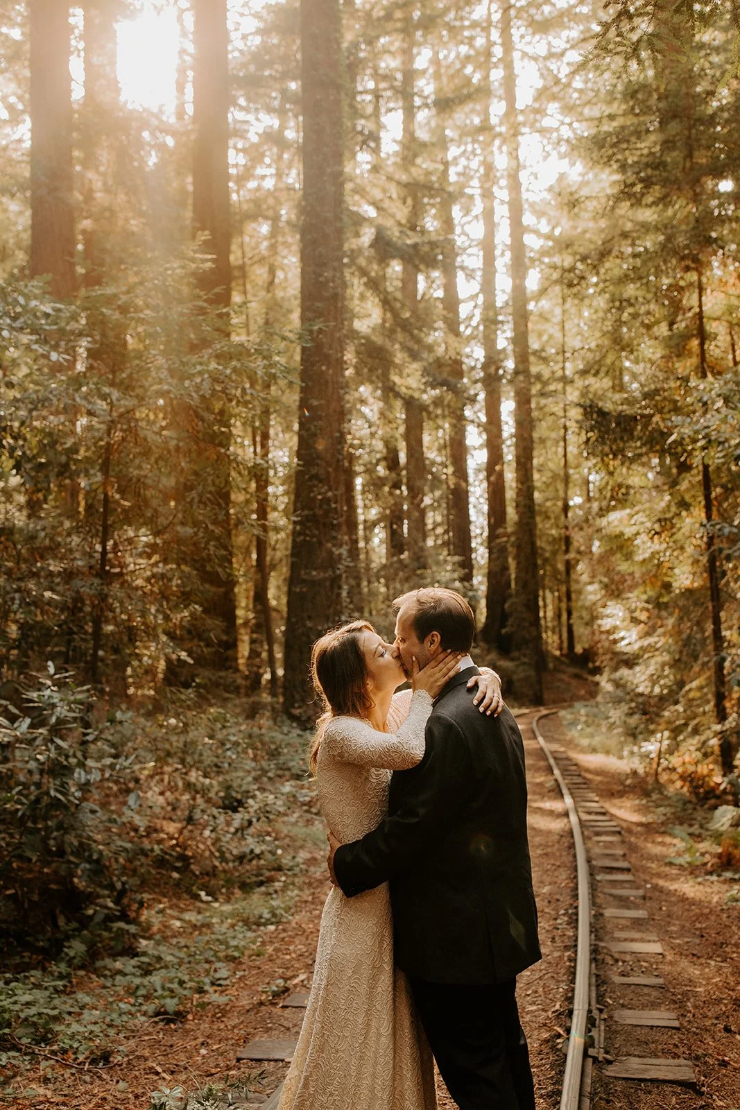 Bride and groom kissing on Roaring Camp railroad tracks in Henry Cowell Redwoods State Park, warm golden afternoon light filtering through the canopy