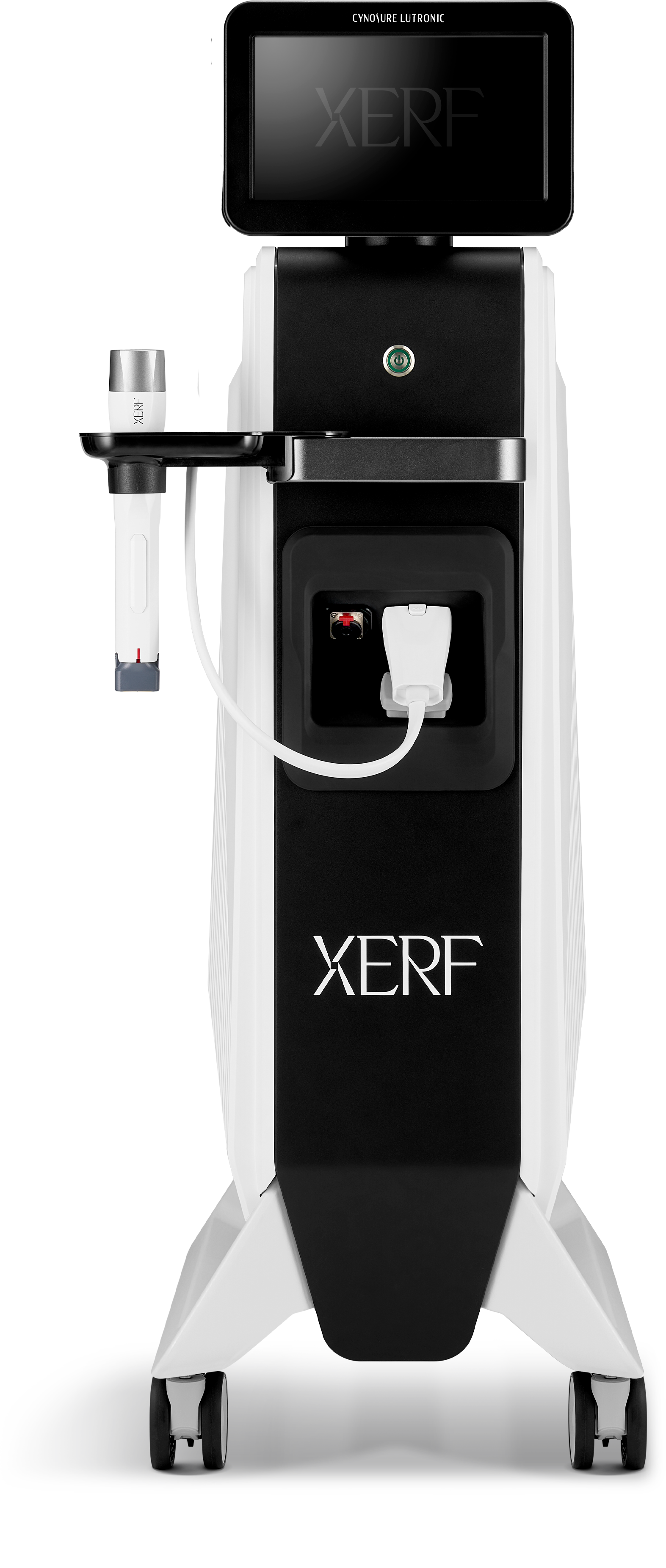 A medical device called XERF Cynosure Lutronic, used for cosmetic or dermatological treatments, featuring a screen, handpiece, and foot pedal on a wheeled stand. no needles, no downtime, skin tightening, rejuvenation
