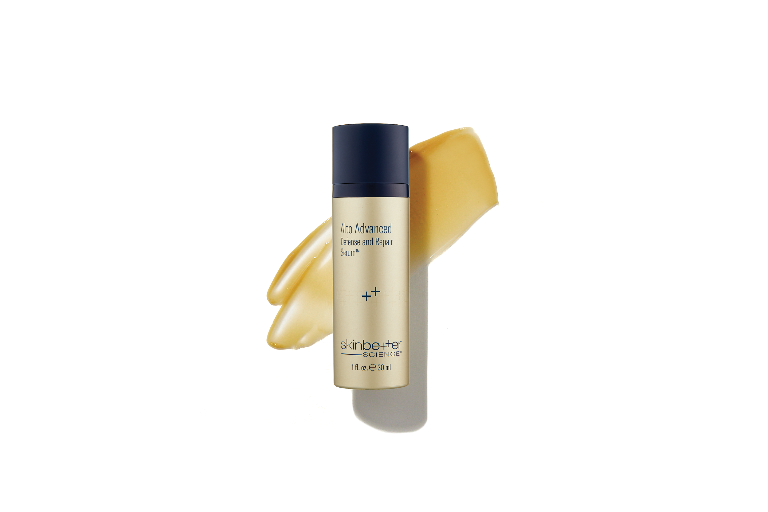 A bottle of SkinMedica Alto Advanced Defense and Repair Serum with a yellow cream swipe behind it on a white background.