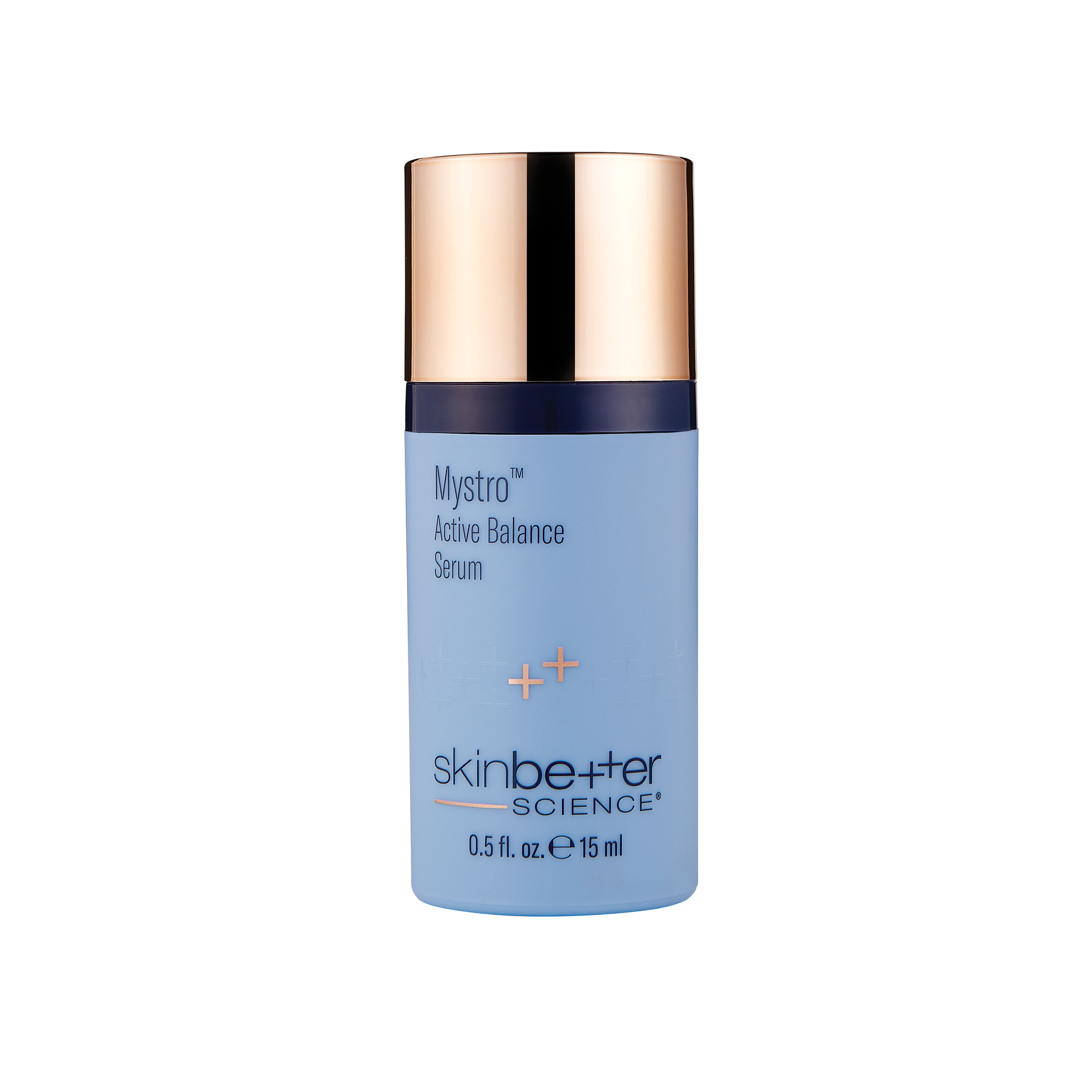 A blue bottle of skincare product labeled "Mystro Active Balance Serum" from Skin Better Science, with a gold cap, against a plain background.