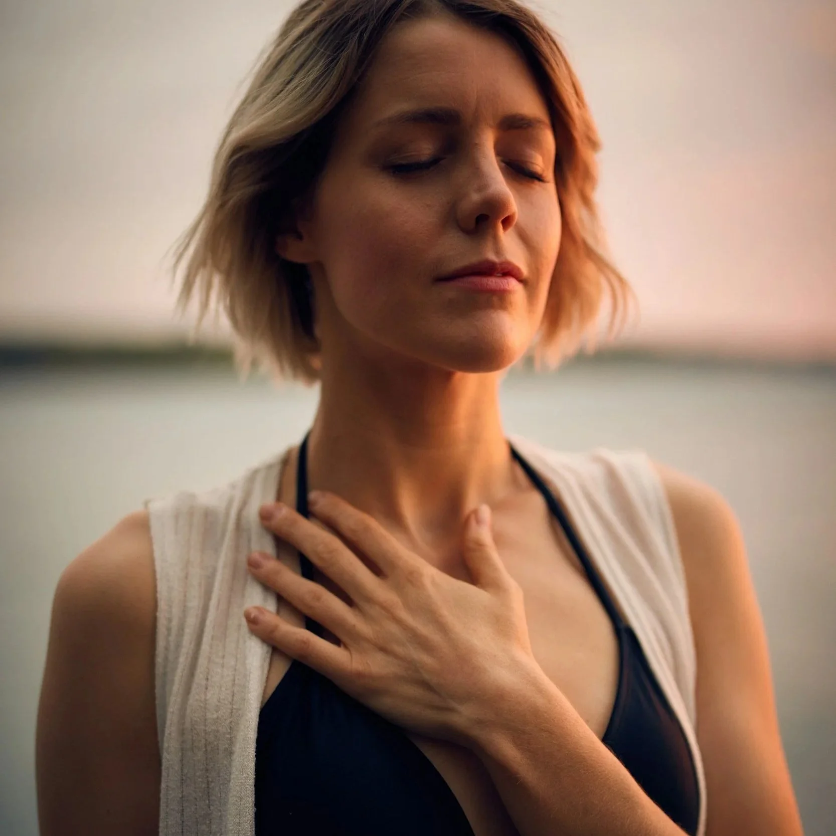 woman standing in gratitude with hand on heart