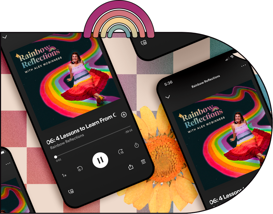 iPhone Mockup of Rainbow Reflections podcast feed