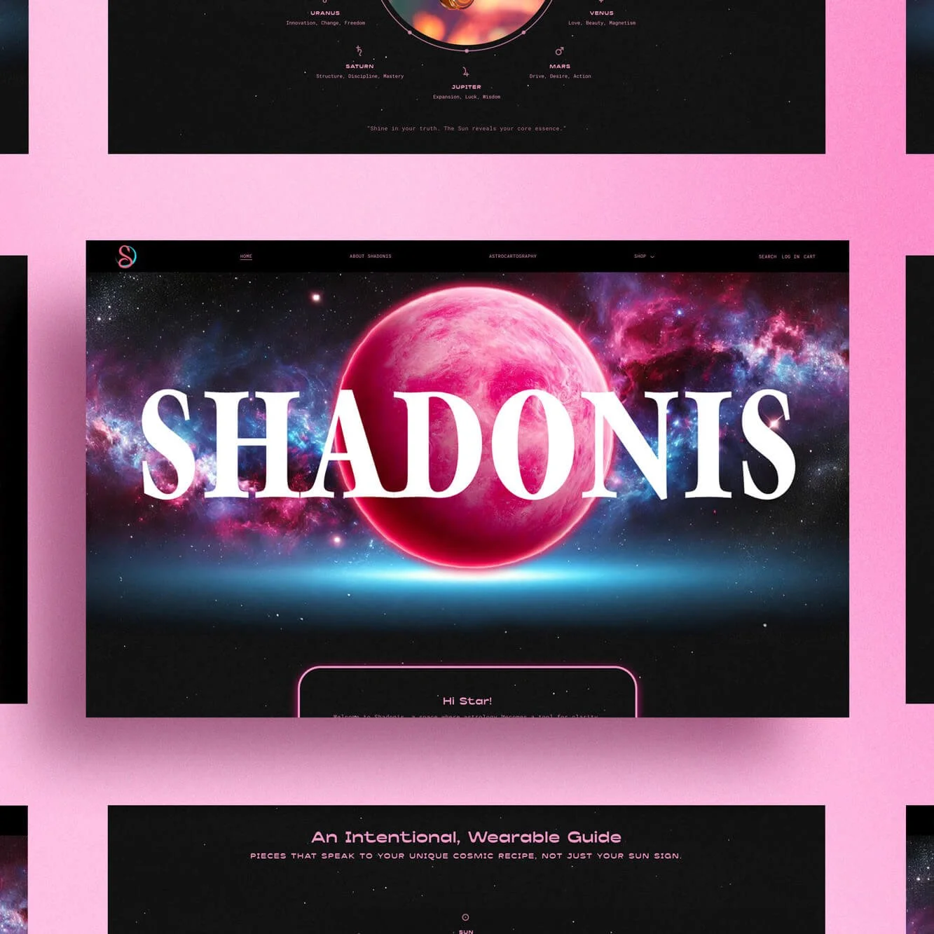 Dark, neon-pink website design for Shadonis, an astrology jewelry brand, featuring a planetary wearable guide and astrocartography sessions