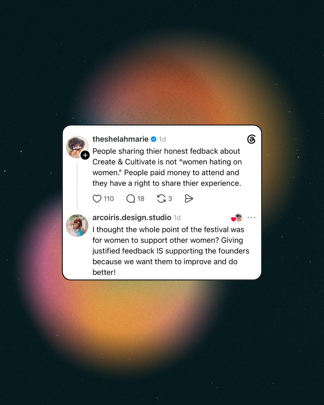 Threads post by Alex agreeing that sharing justified feedback is a way for women to support women.