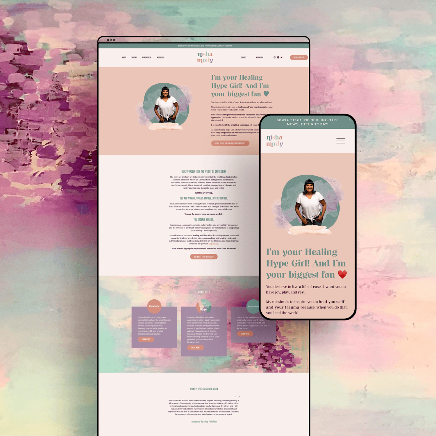 Soft, whimsical website design for Nisha Mody, the Healing Hype Girl, on desktop and mobile