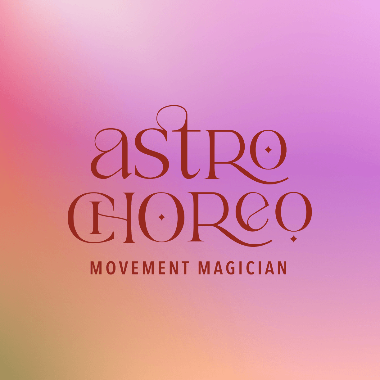 Whimsical serif logo design for Astro Choreo, Movement Magician, on a dreamy pink and purple gradient