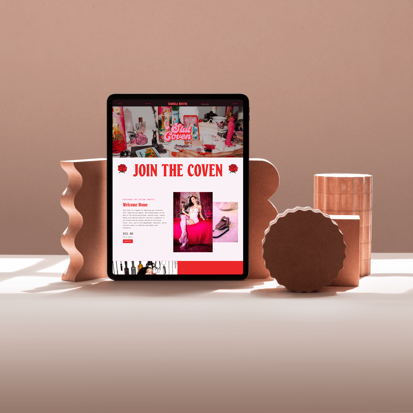 Branding and website design for Slut Coven, a membership by author Gabriela Herstik, shown on a tablet
