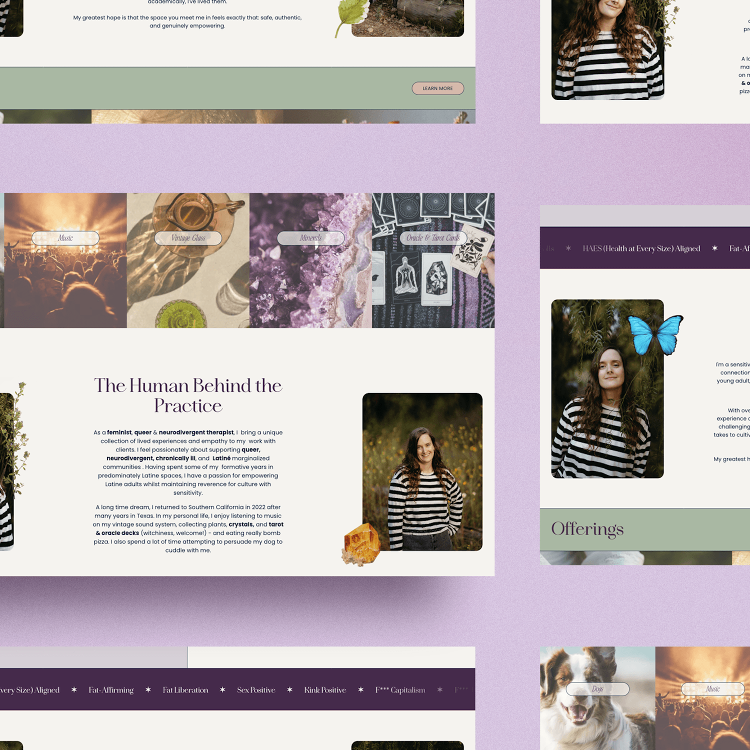 Website design for Lea Roman, a feminist, queer, neurodivergent therapist, with earthy photography and purple accents