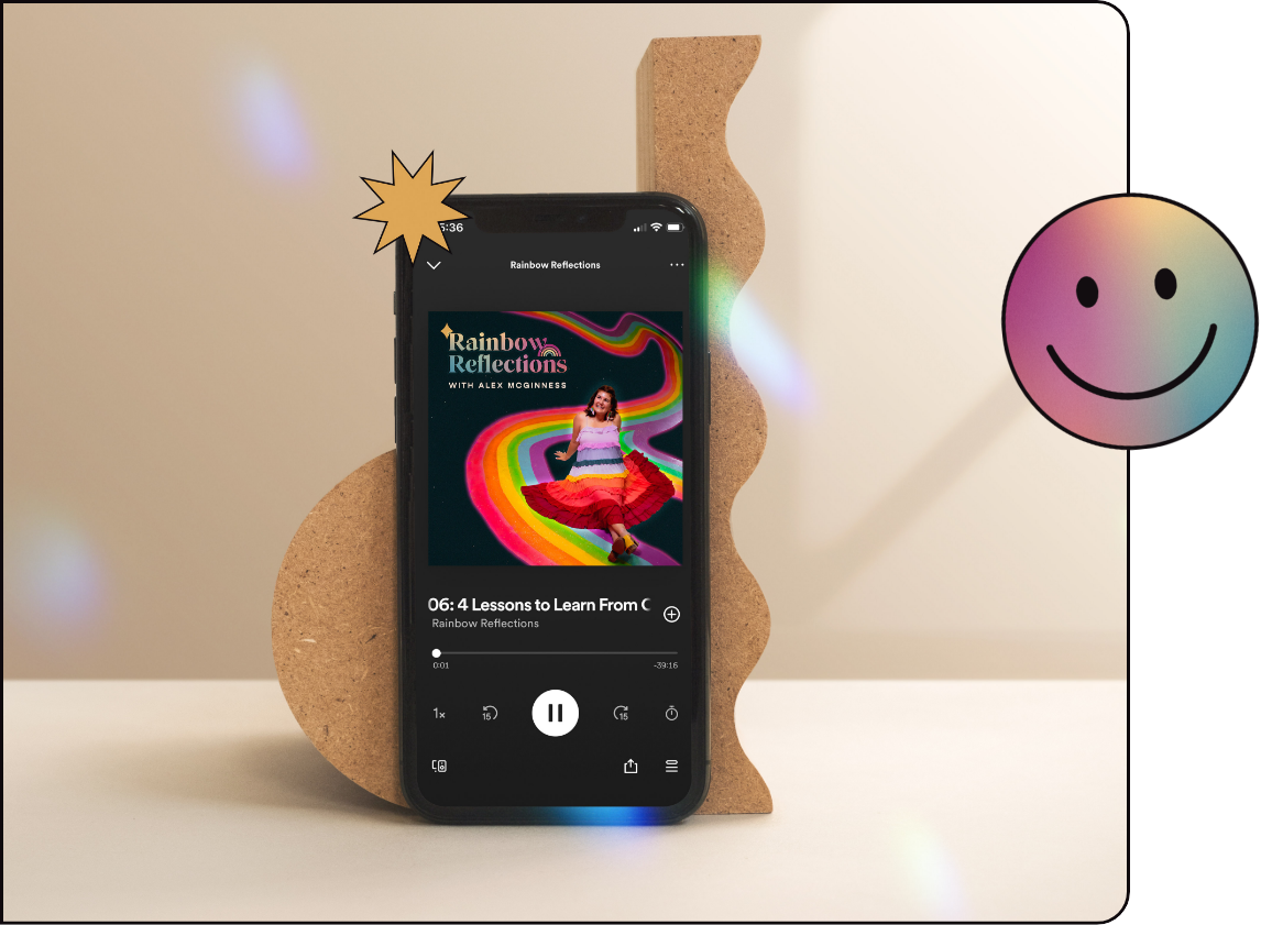 Iphone featuring Rainbow Reflections podcast cover
