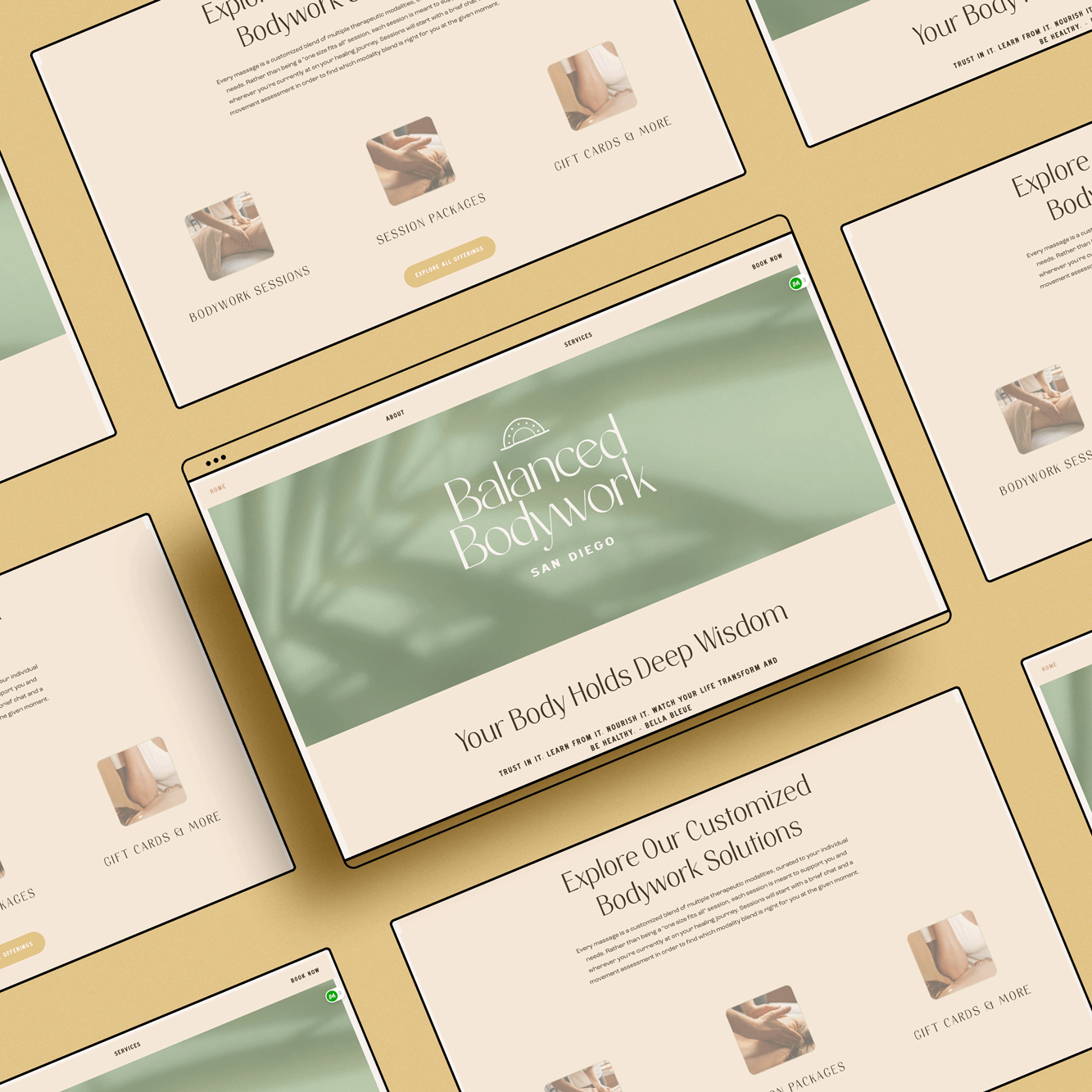 Calm sage and sand website design for Balanced Bodywork San Diego, a customized massage and bodywork studio, shown in a tiled desktop mockup