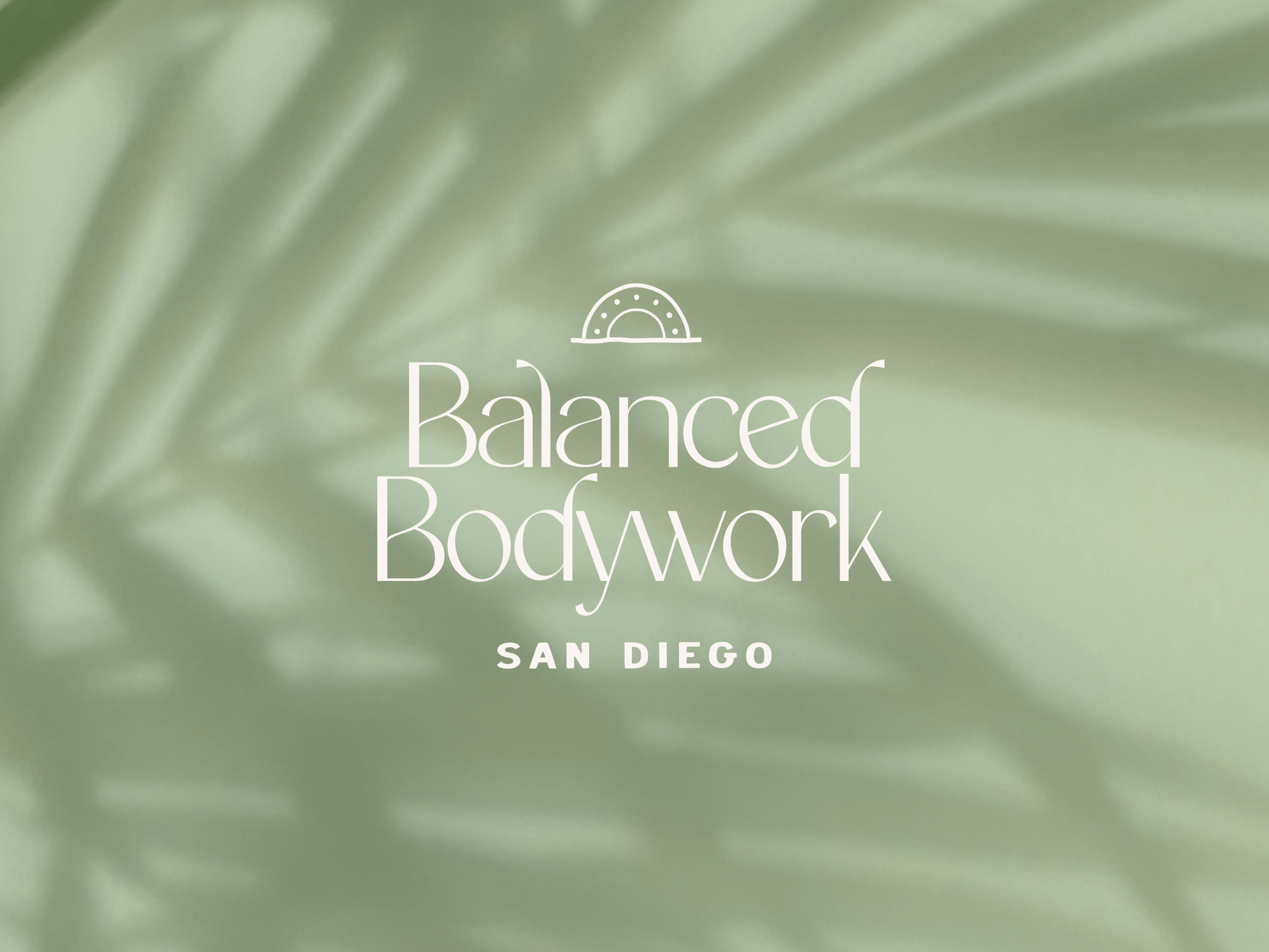 Muted green background with palm tree shadow with Balanced Bodywork logo overlayed on top
