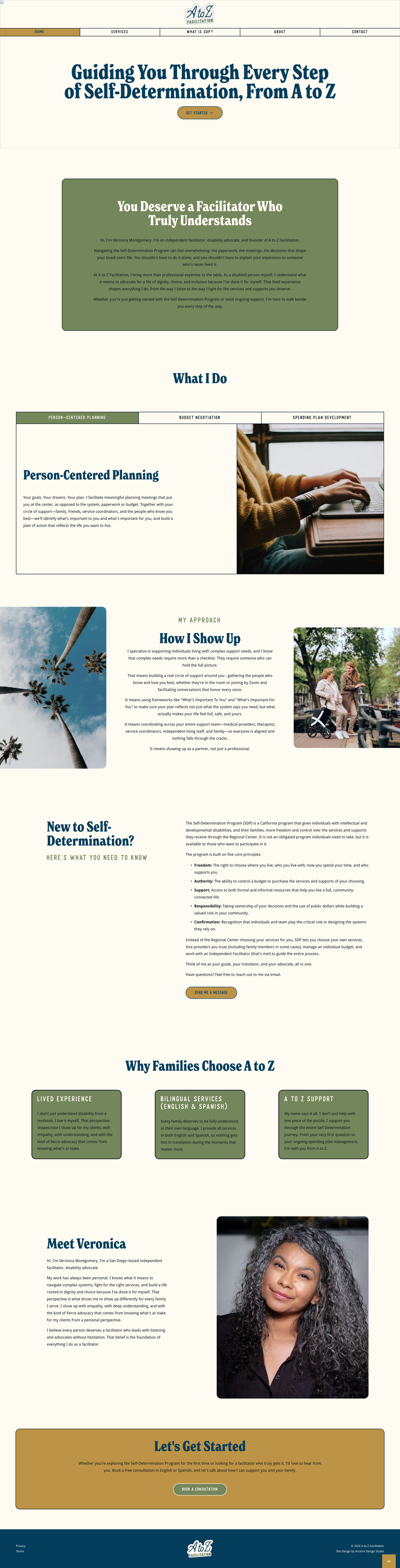 A to Z Facilitation one-page Squarespace website design showing clean layout, anchor link navigation, and warm accessible design for disability advocacy services